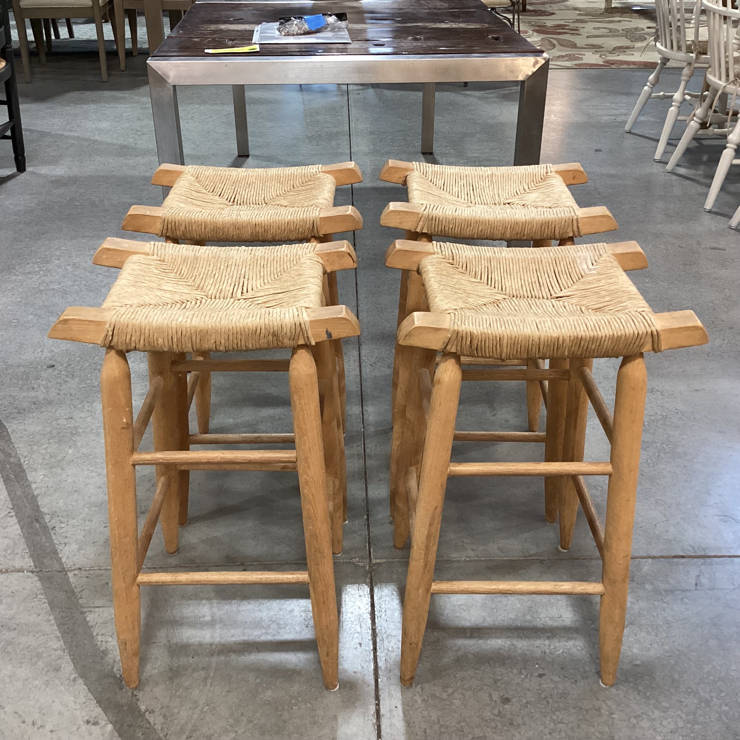 SET of 4 Vintage Natural Wood & Rush Seat Barstools 25"