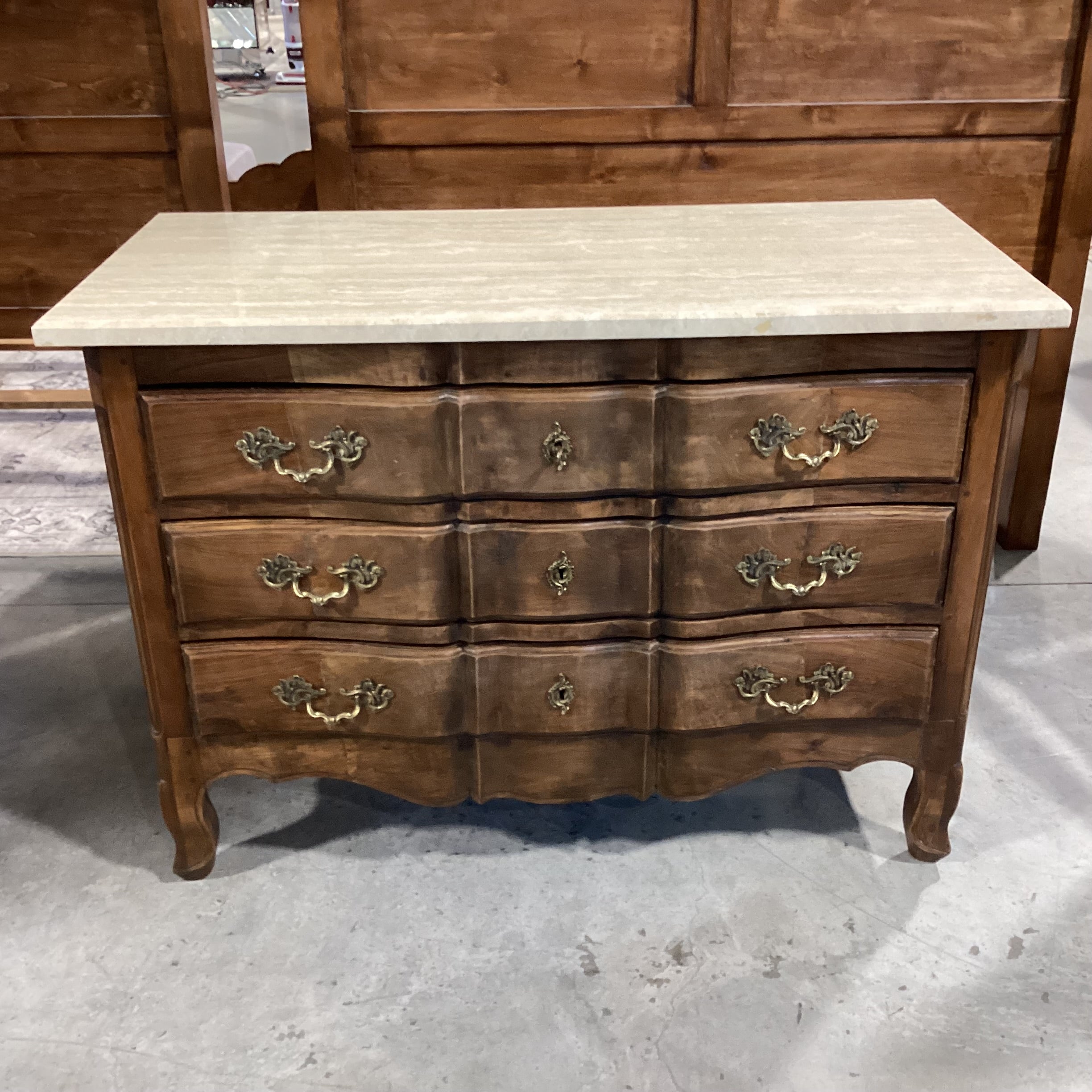 Antique French Provincial Oak 3 Drawer with Travertine Top Chest 47"x 22"x 34"