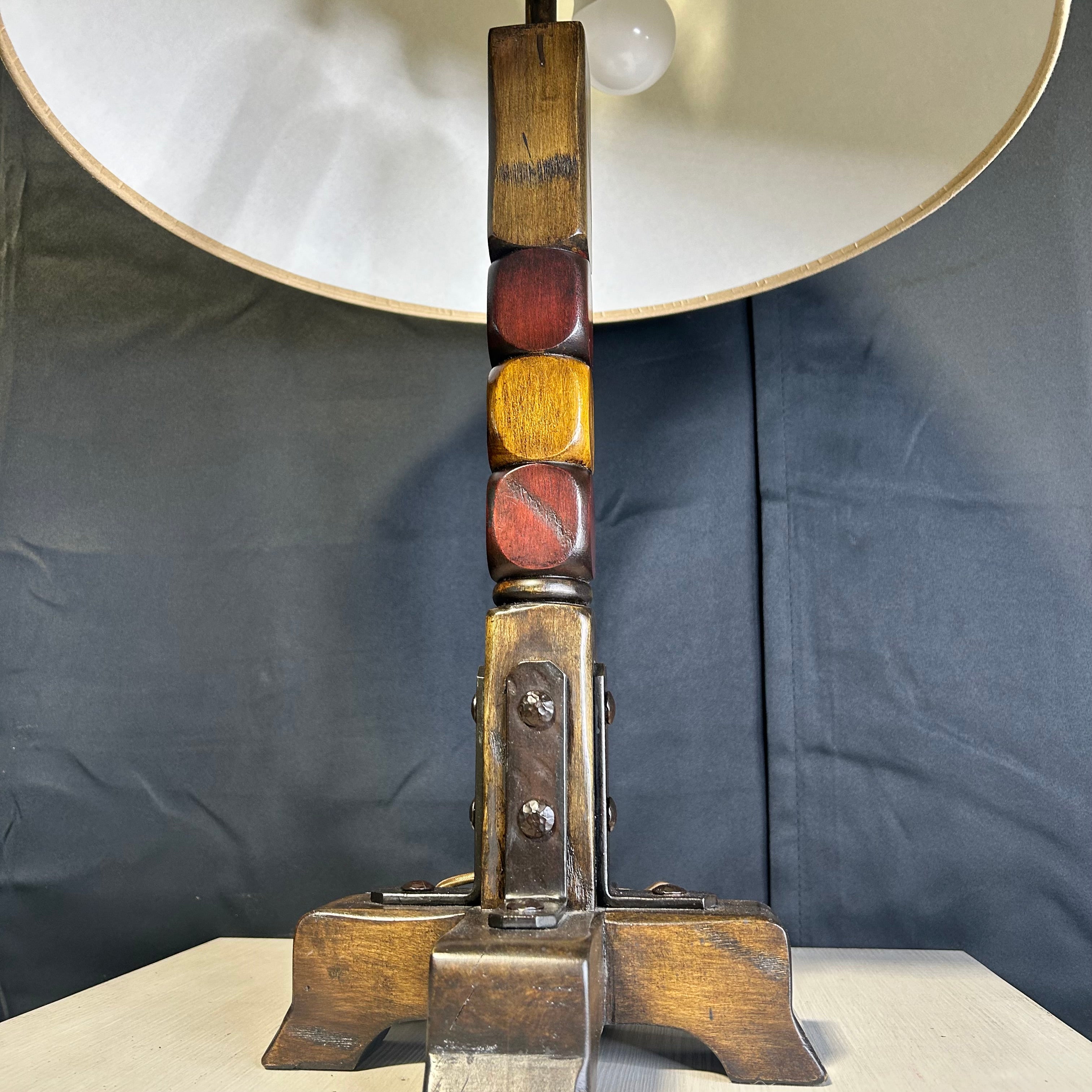 Multi-Colored Stained Wood Carved Table Lamp 9"x 9"x 27"