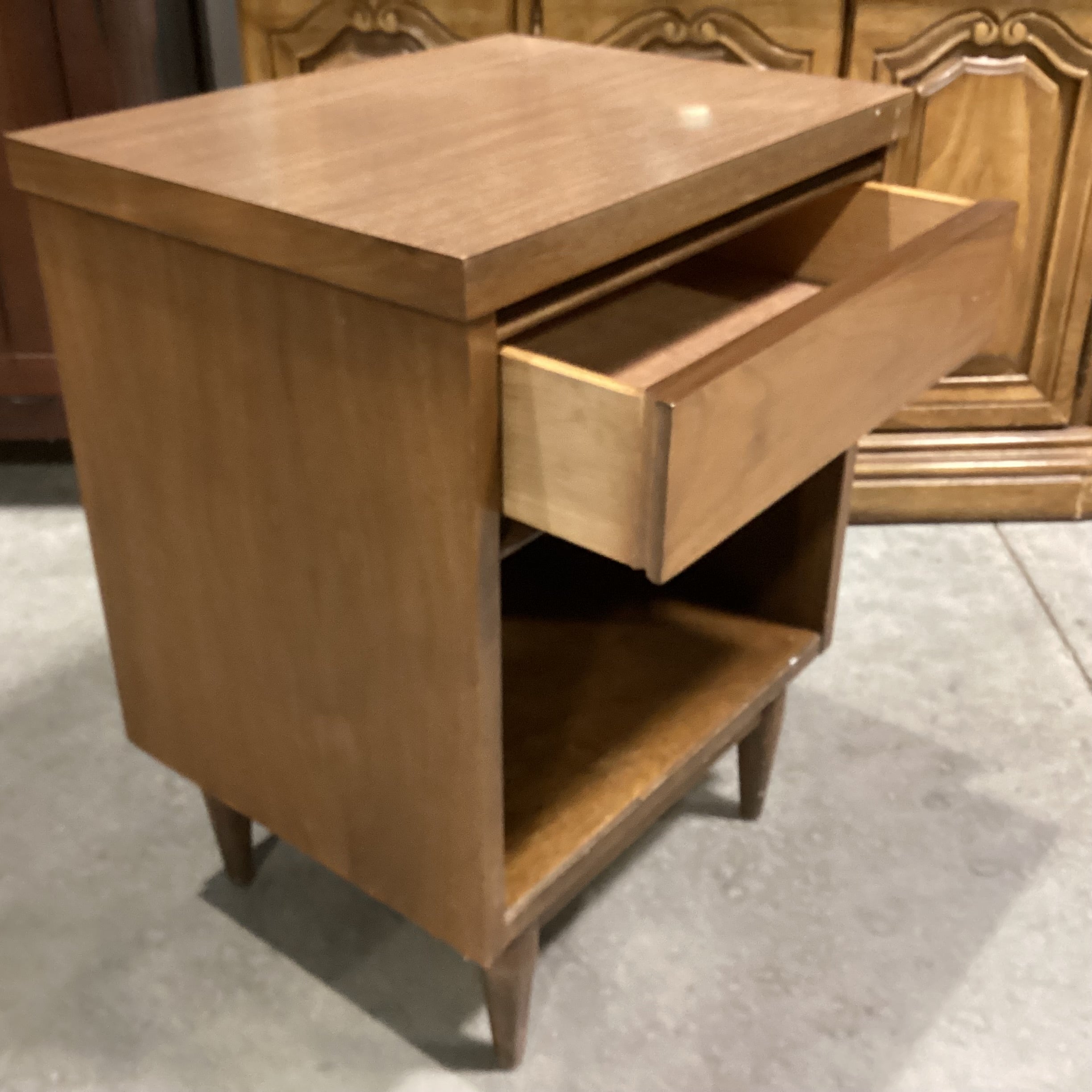 Mid Century Walnut & Veneer 1 Drawer Nightstand 18"x 14"x 24"