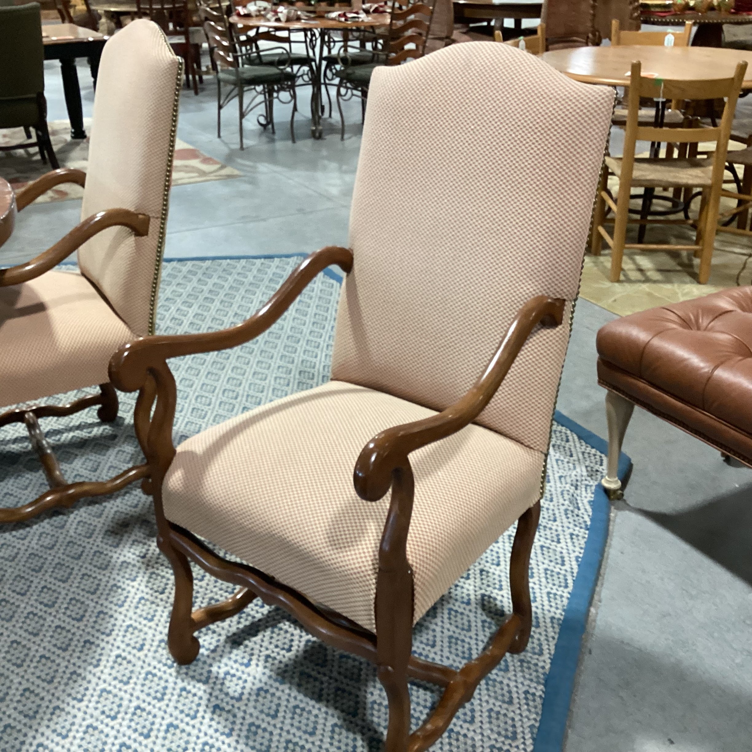 Oval Finished Carved Wood 3 Pedestal Table with 8 Checker Bird Floral Trouvalles Chairs Dining Set 118.5"x 59.5"x 31"