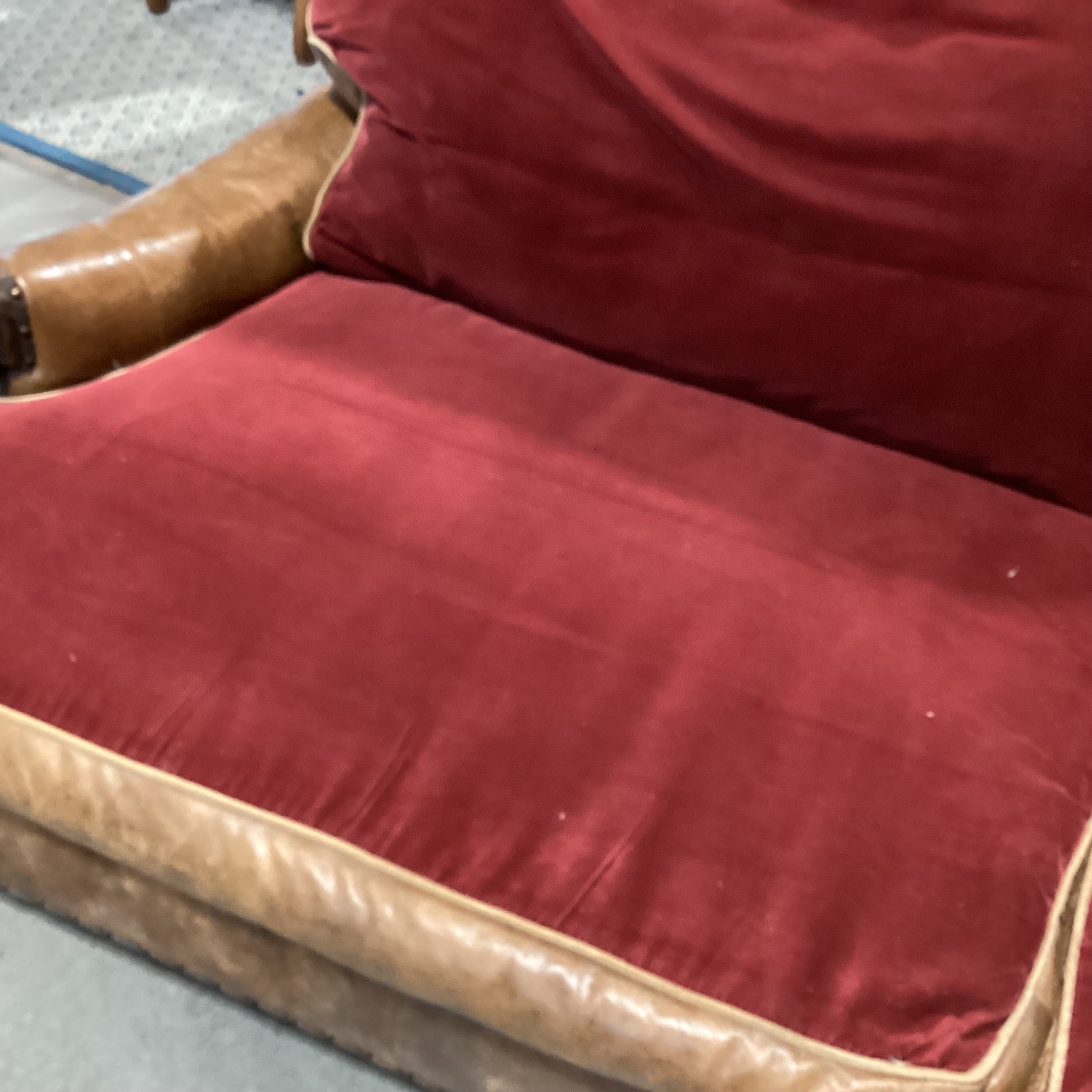 Carol Hicks Bolton & E J Victor Distressed Leather with Reversible Burgundy Velvet Cushions Ornate Carved Wood Down Mix Sofa 92"x 46"x 40"