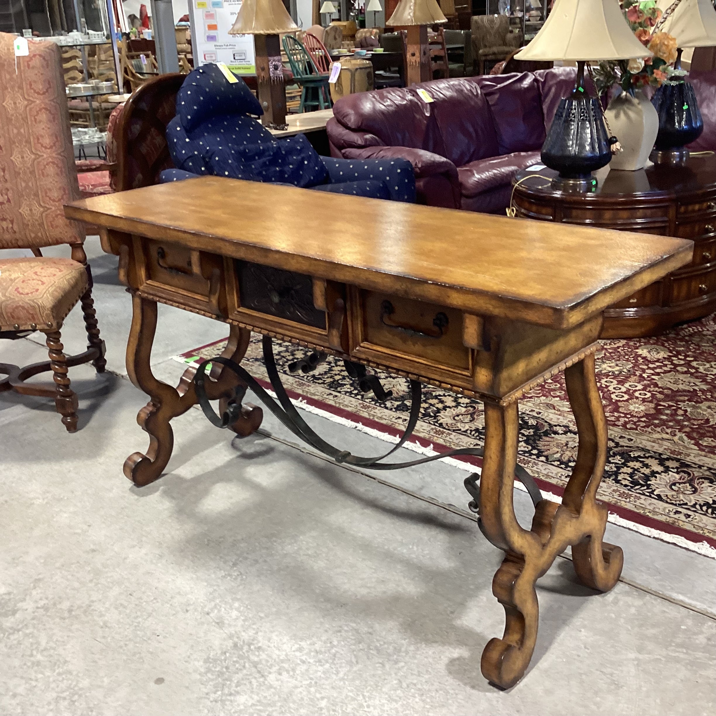 Maitland Smith Distressed Finish Carved Wood & Ornate Iron Trestle 3 Drawer Console Sofa Table 58"x 19"x 32"