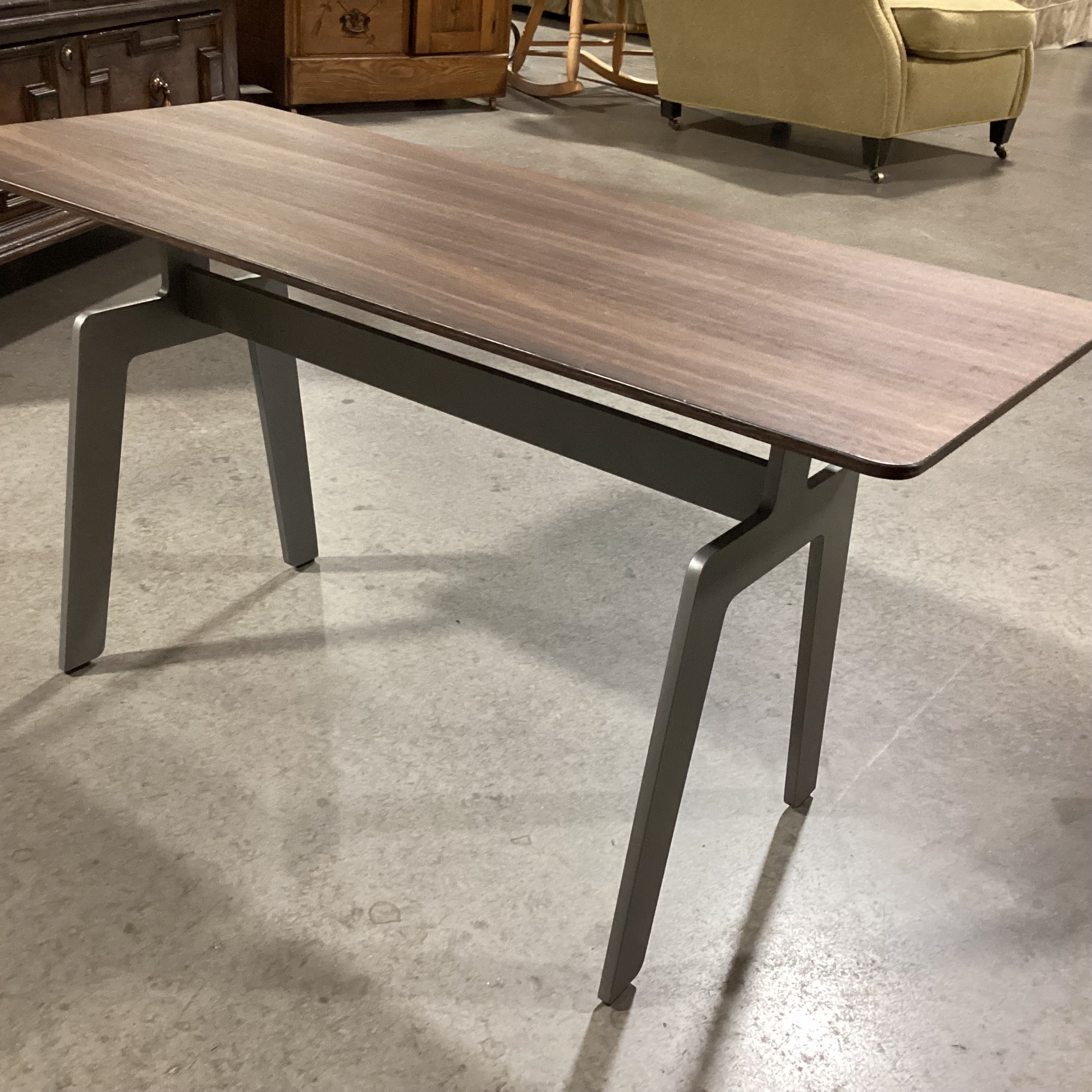 Poliform Italian Modern Walnut Veneer & Grey Steel Trestle Base Coffee Table 34.5"x 14.5"x 18"