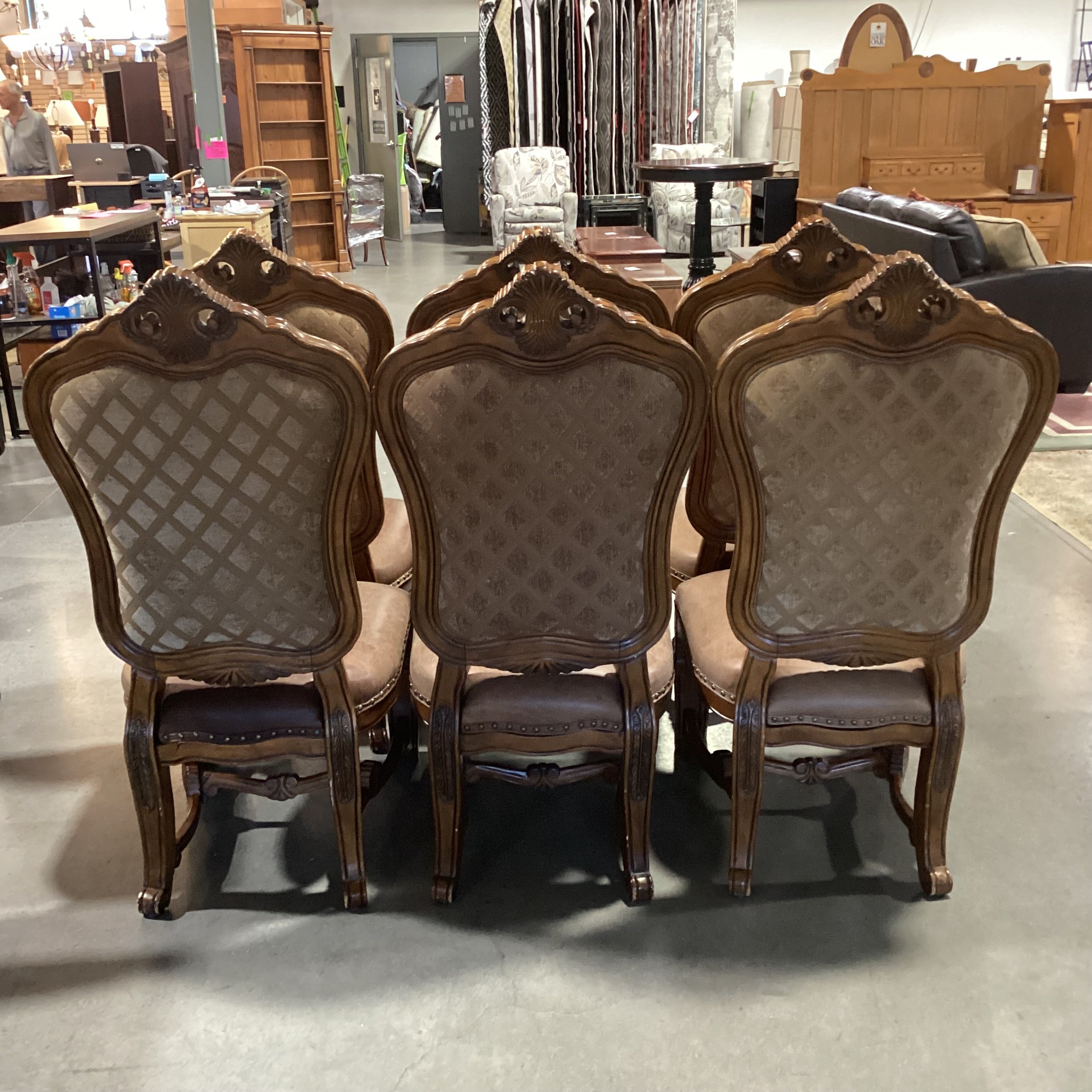 SET of 6 Carved Wood Tuscano Leather Seat & Diamond Upholstered Dining Chairs