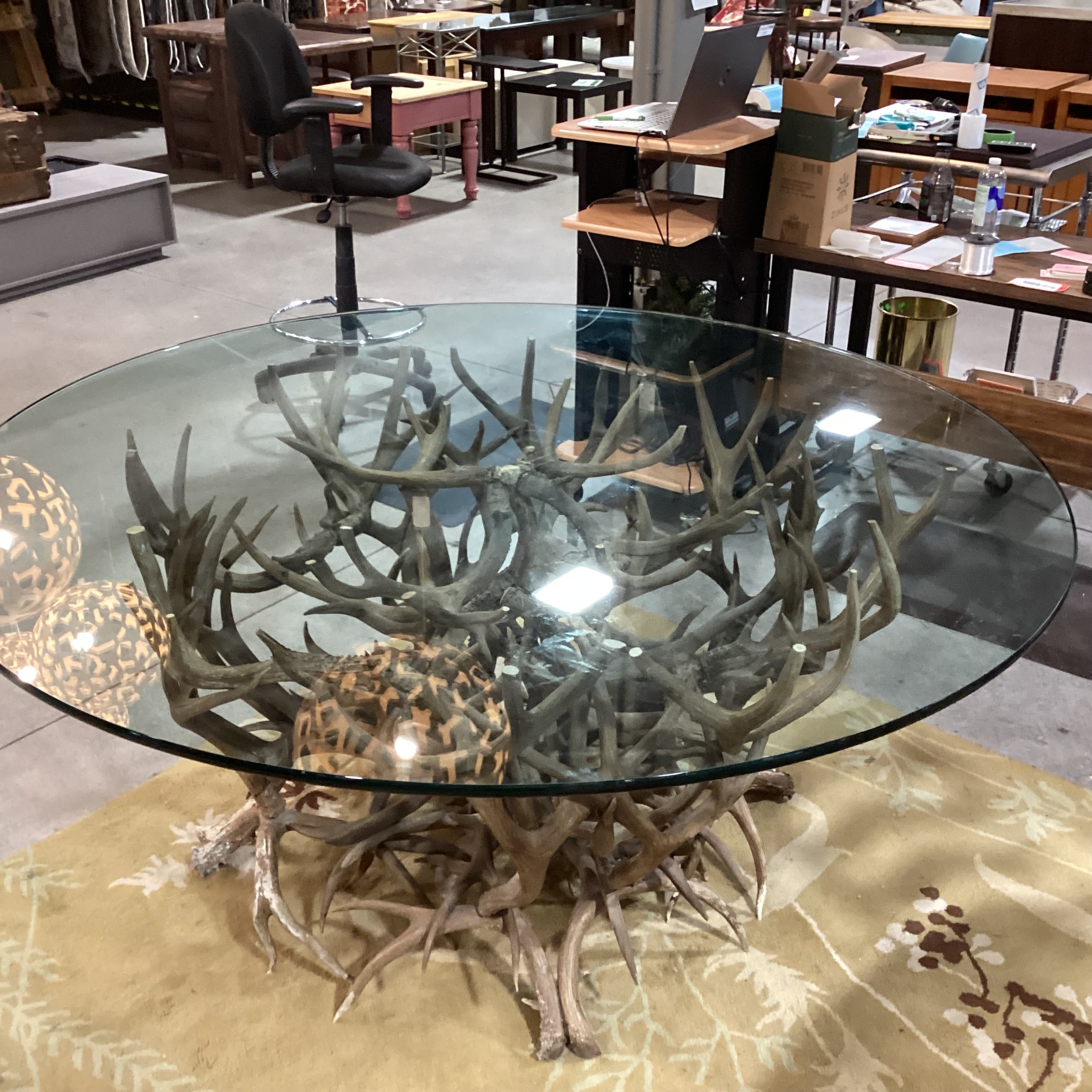 Antler & Round Glass Top Dining Table 66" Diameter x 30"