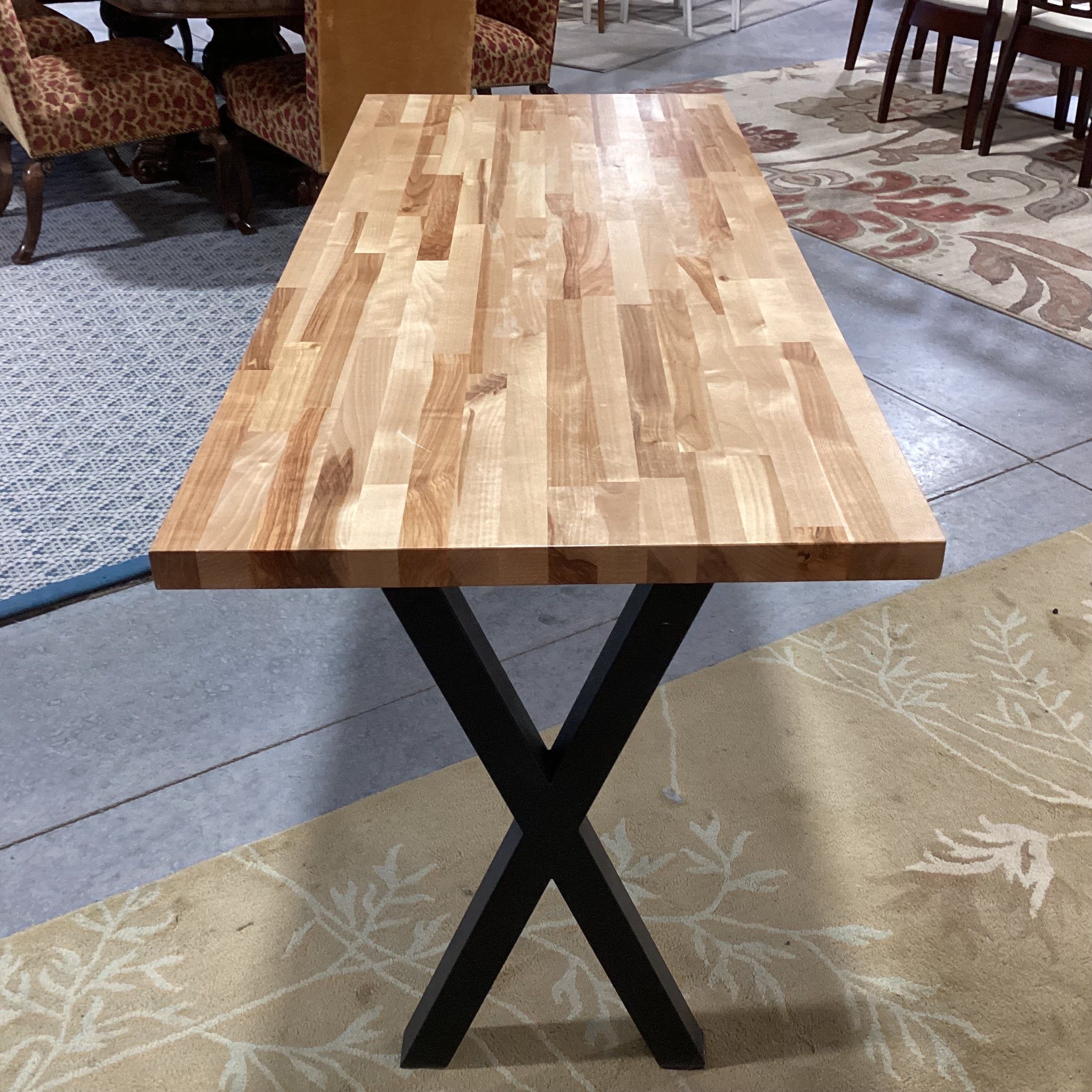 Butcher Block Wood & Black X Legs Dining Table 60"x 25"x 30"