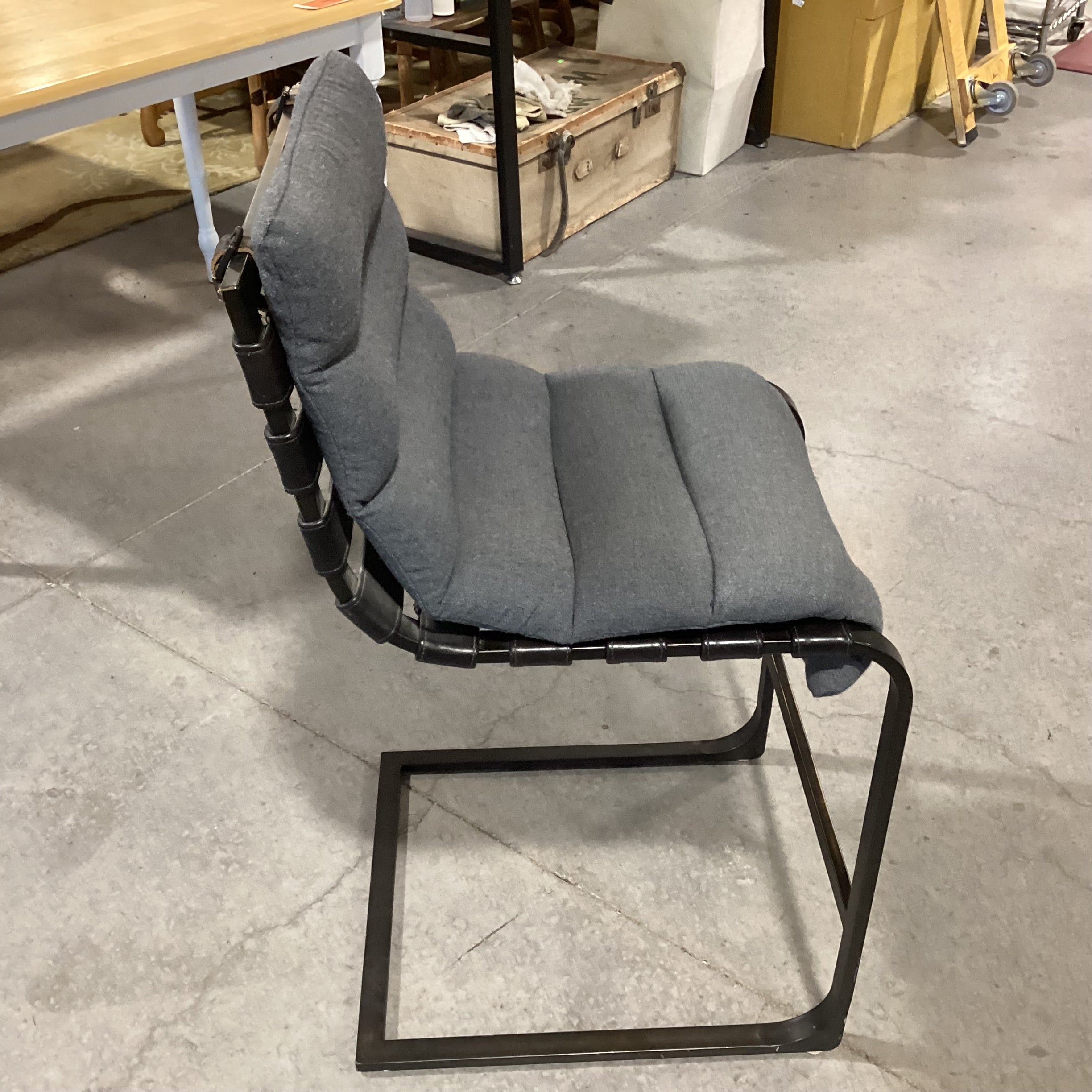 Restoration Hardware Black Metal & Leather Strapped with Grey Cushion Barstool 25"