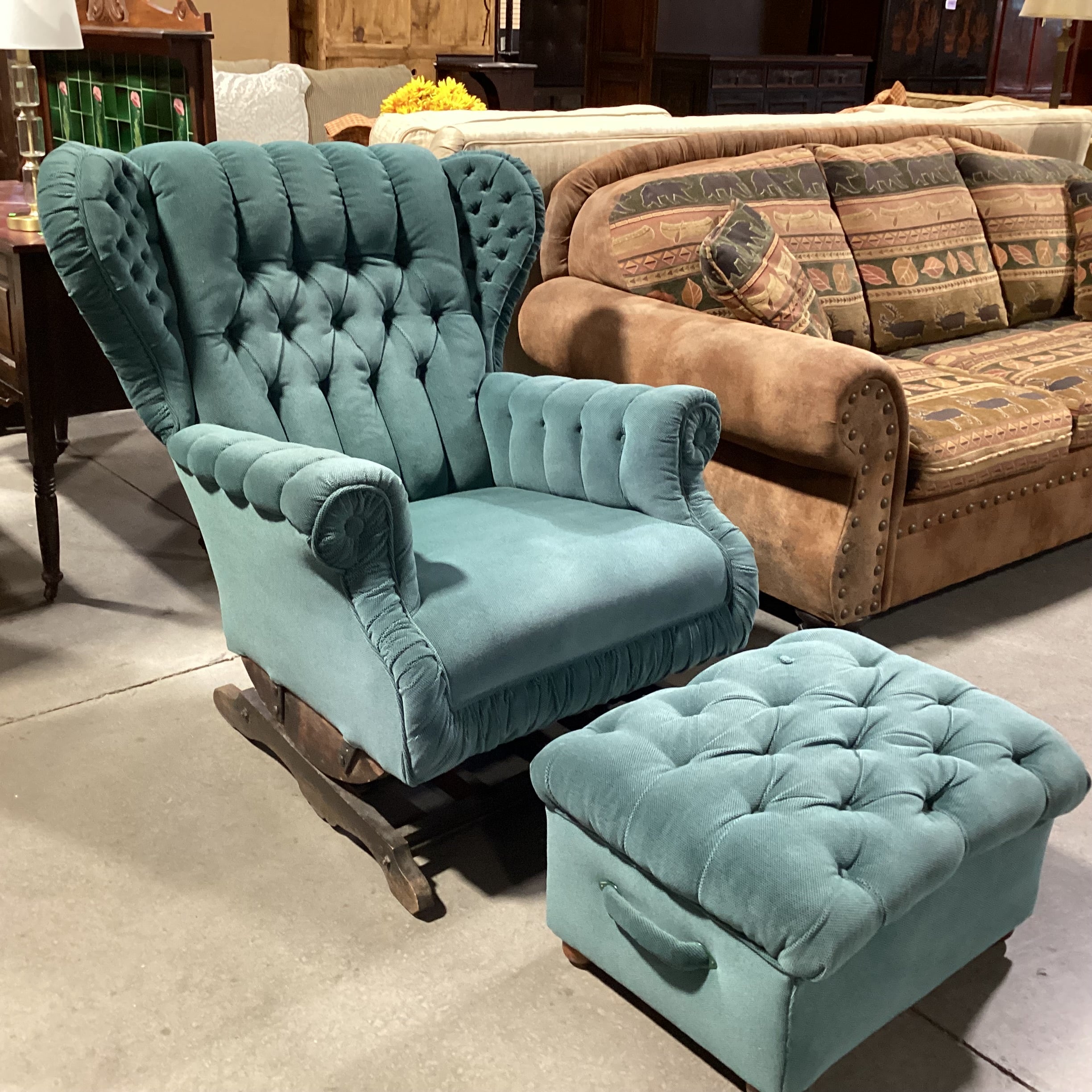 Vintage Antique Teal Tufted Winged with Ottoman Rocker Chair 34"x 36"x 39"