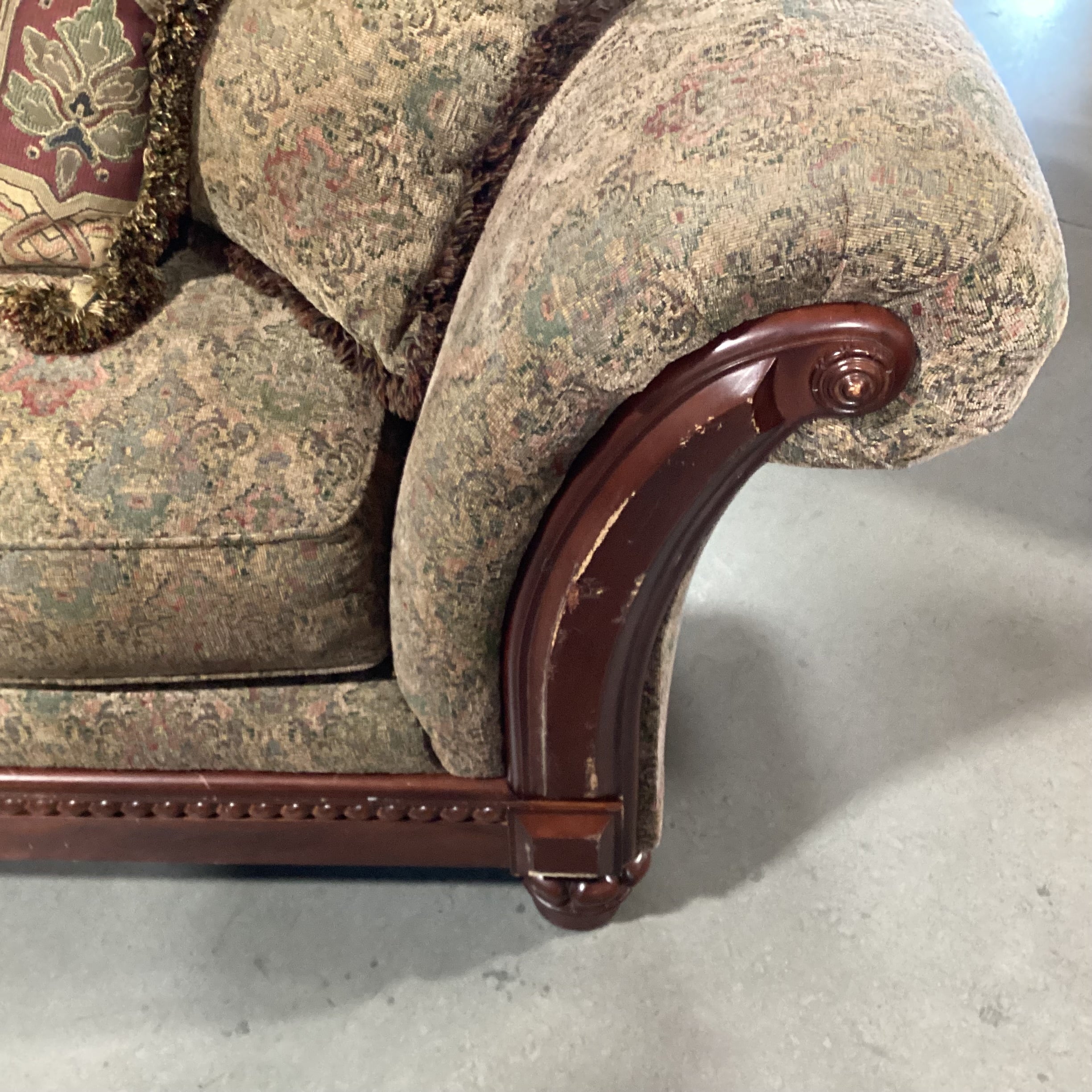 Green Gold Red Ornate Floral & Carved Wood Roll Arm Arch Back Sofa 97"x 40"x 40"