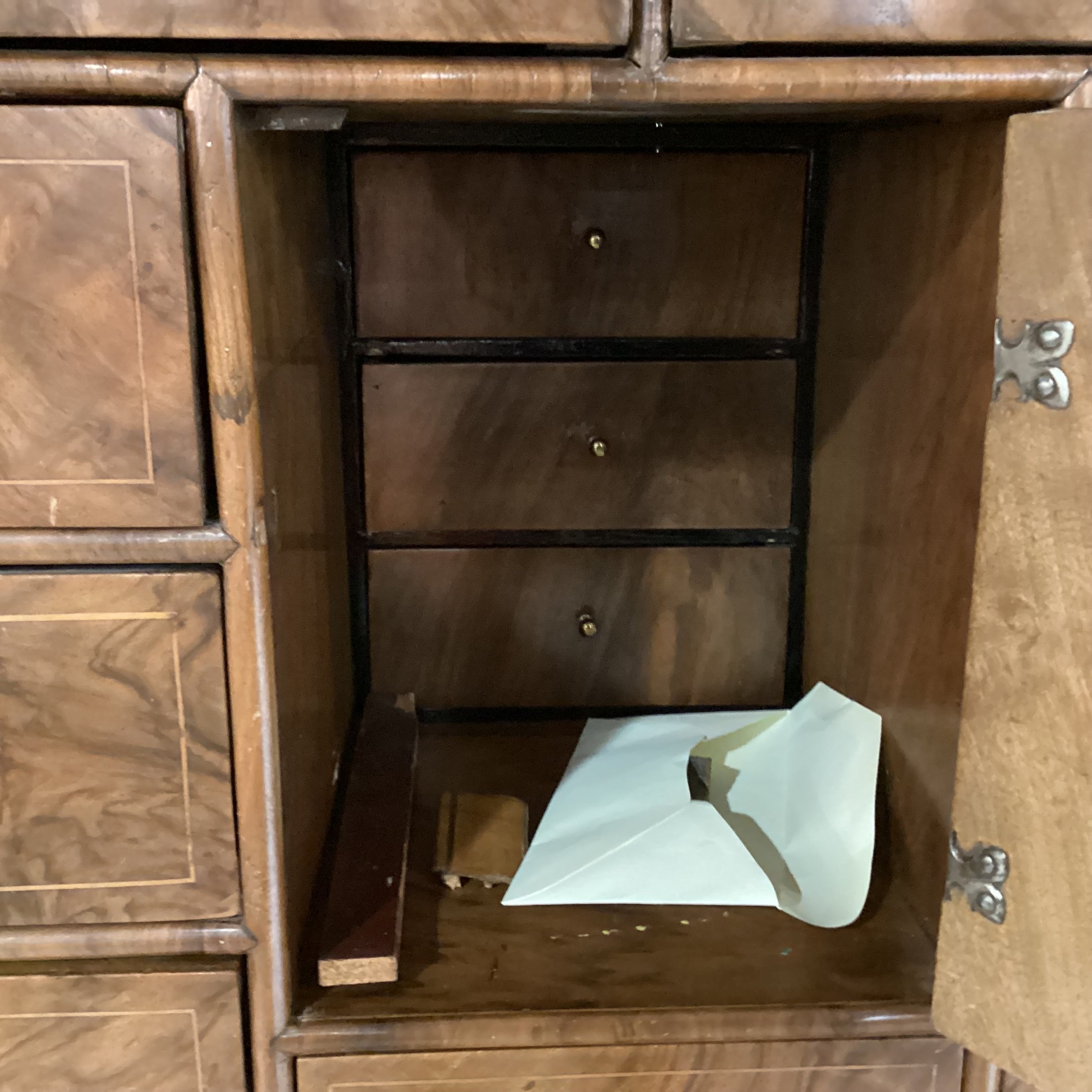 Antique English Burr Walnut Veneer Inlay & Brass Ornate Pulls 18 Drawer 2 Door 2 Piece Cabinet Chest 41"x 18"x 66"