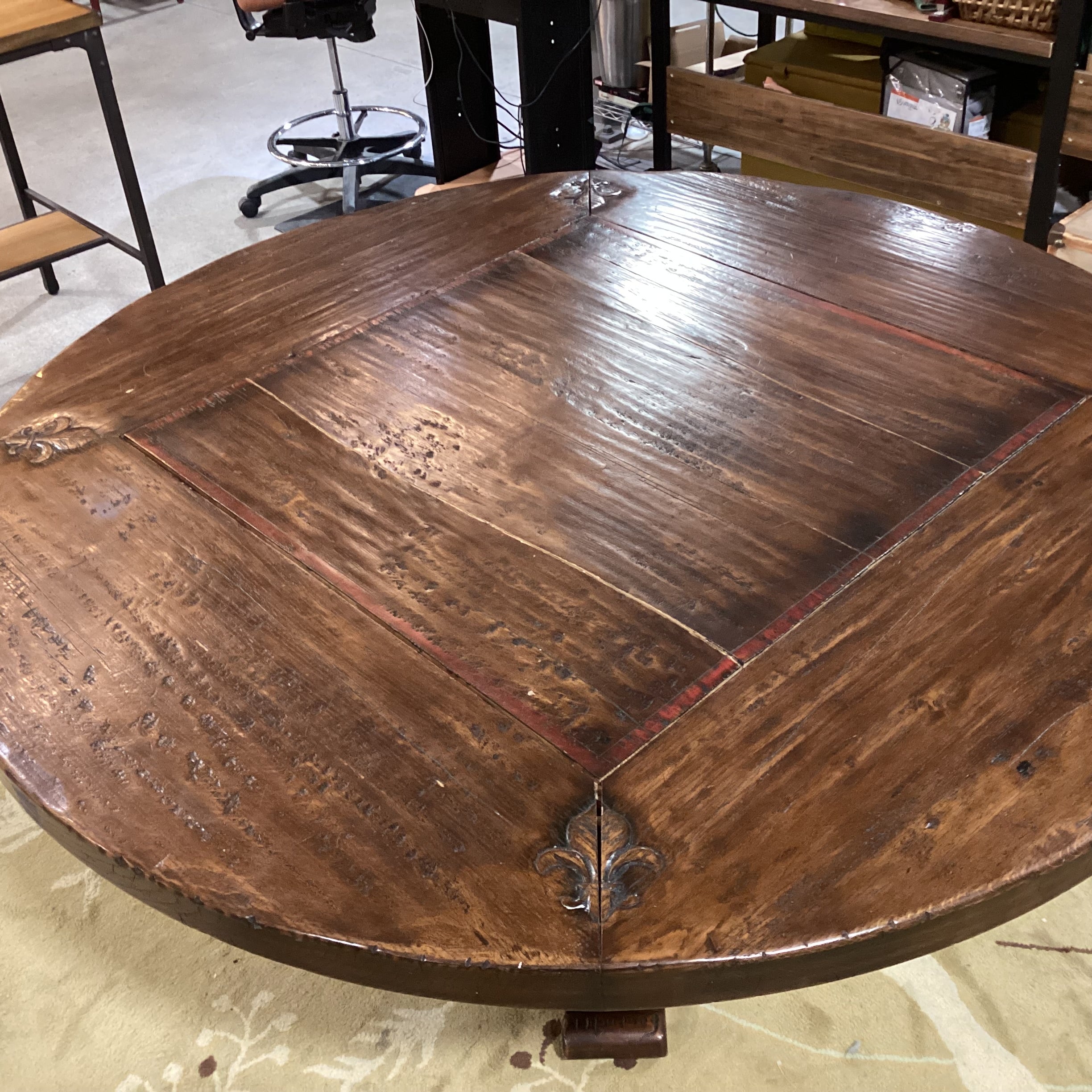 Distressed Solid Wood Finish with Carved Fleur De Lis  Detail Round Dining Table 66" Diameter x 30.5"