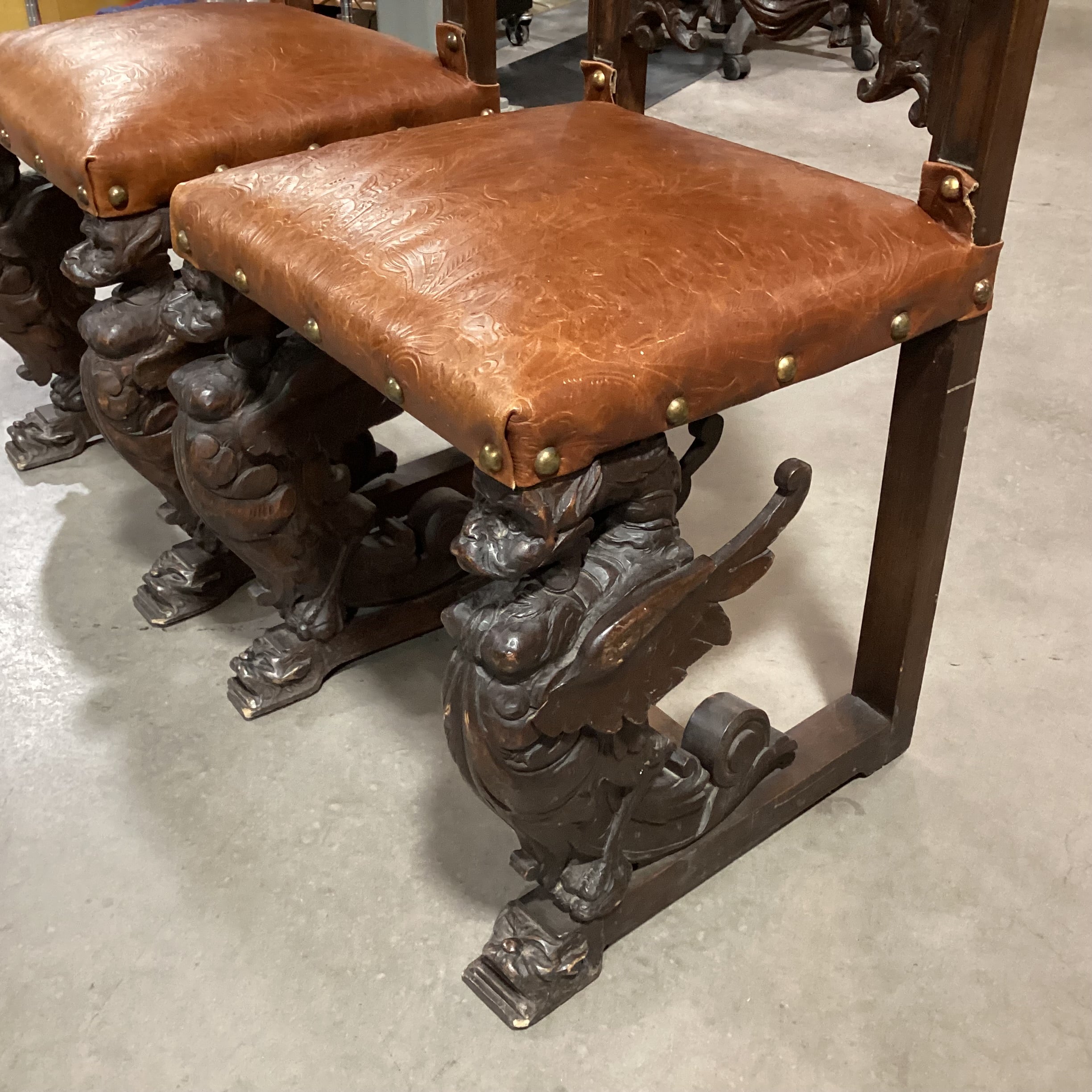 SET of 2 Antique Ornate Carved Wood & Embossed Leather Antique Chairs 20"x 20"x 48"