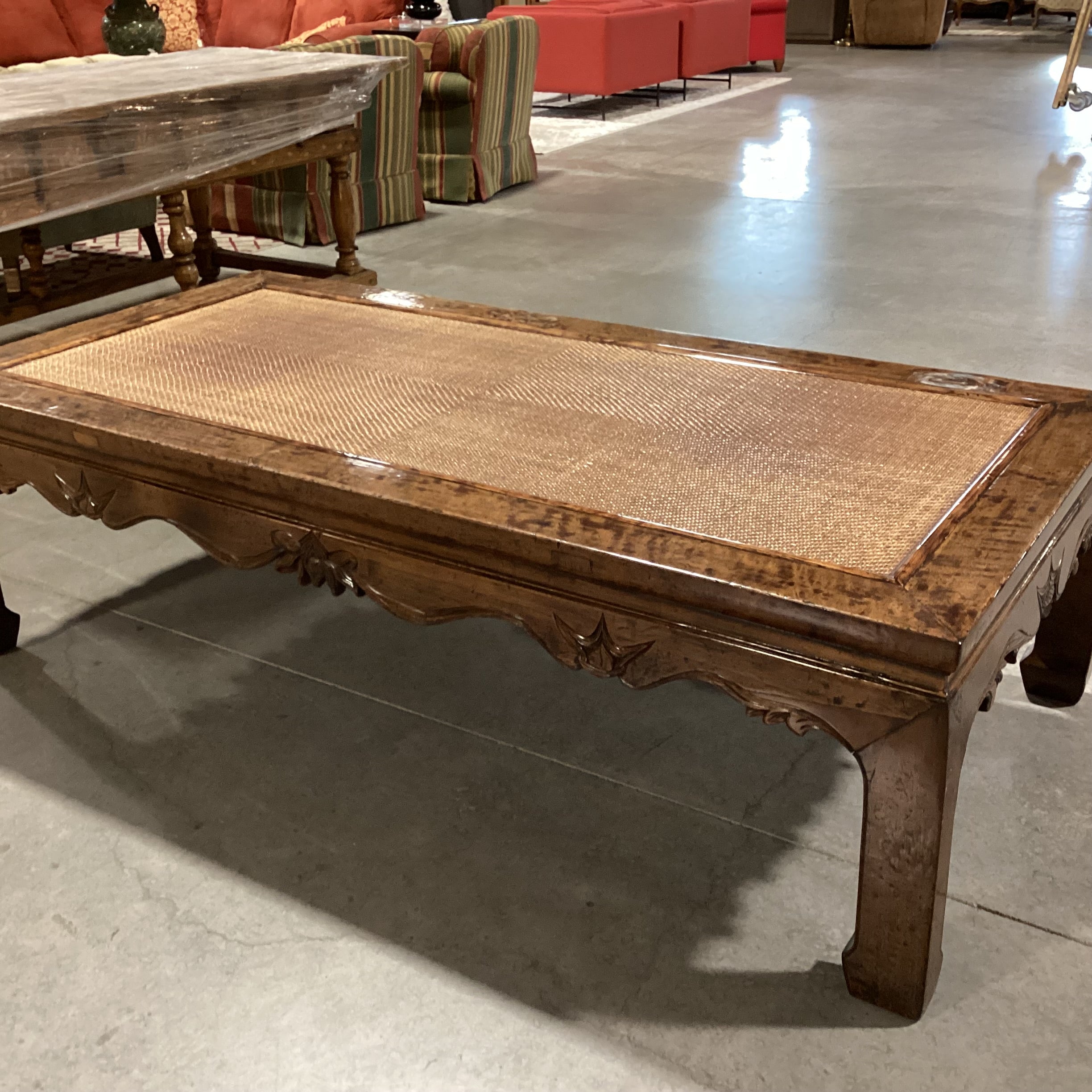 Asian Inspired Carved Distressed Wood & Rattan Raffia Woven Inset Coffee Table 72"x 35"x 21"