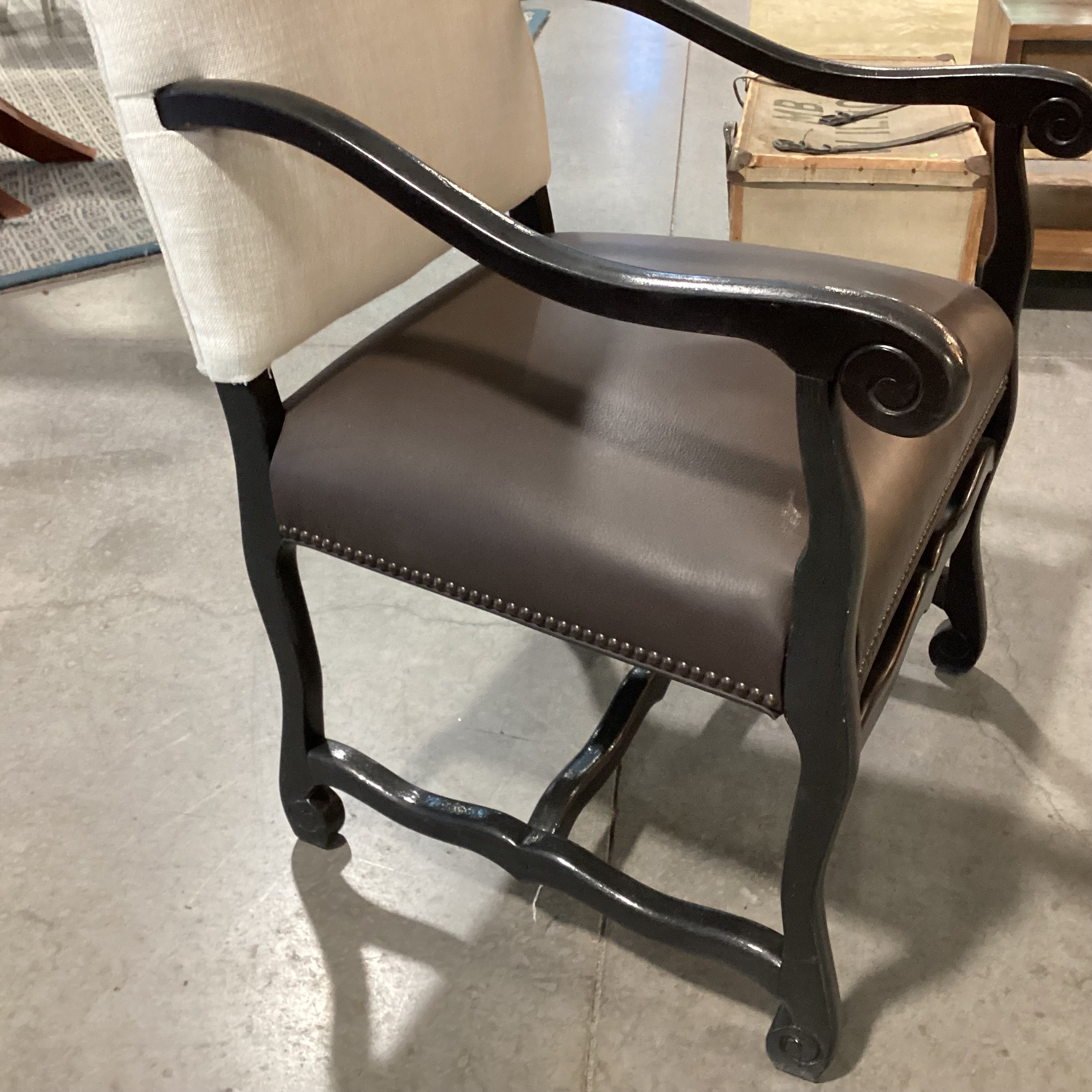 Black Carved Wood Leather Seat & Linen Nailhead Armed Dining Chair 25"x 26"x 42"