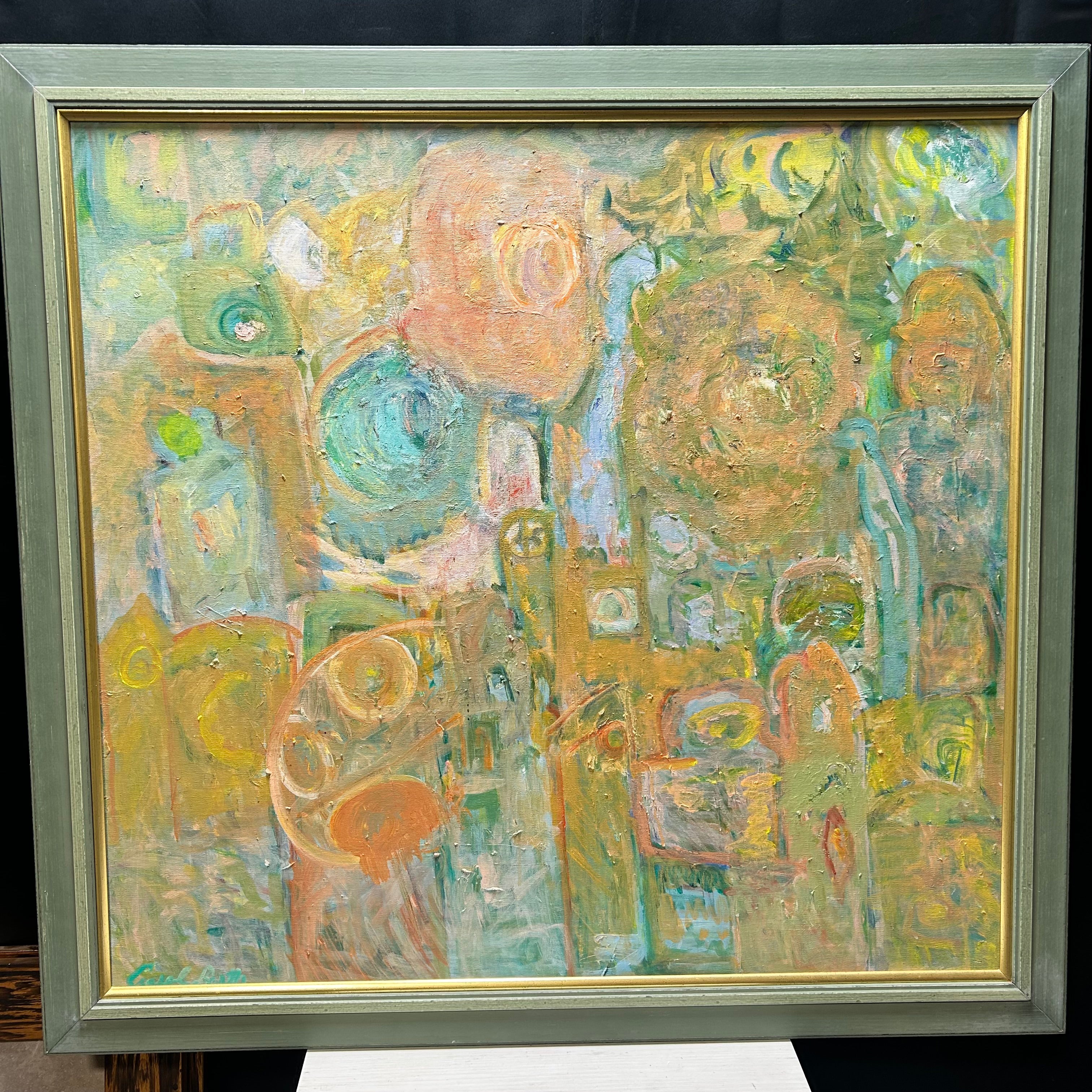 Carol Ruth Abstract On Canvas With Green Frame & Gold Trim  42"x 40"