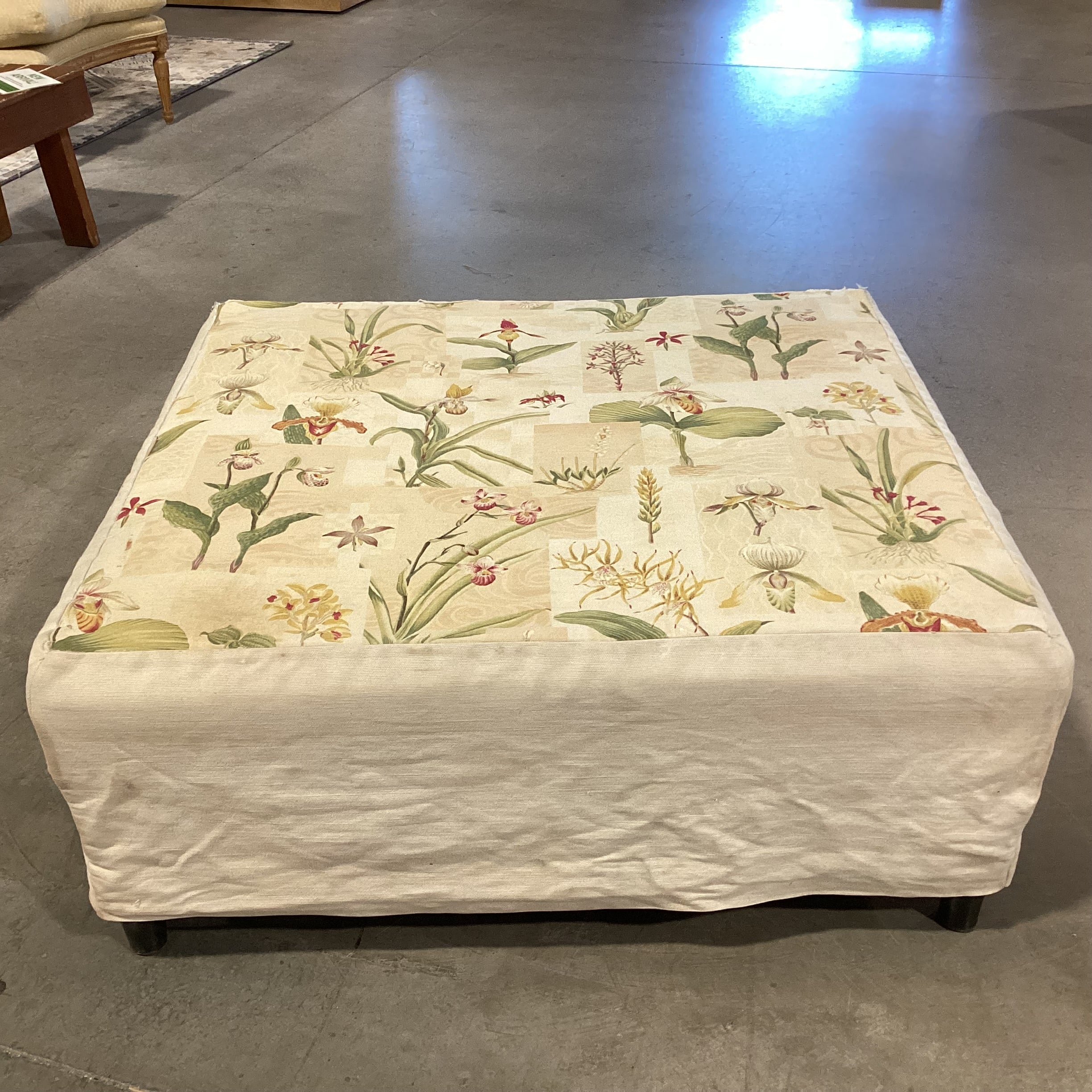 Floral Linen Slipcovered Ottoman 42"x 37"x 17"