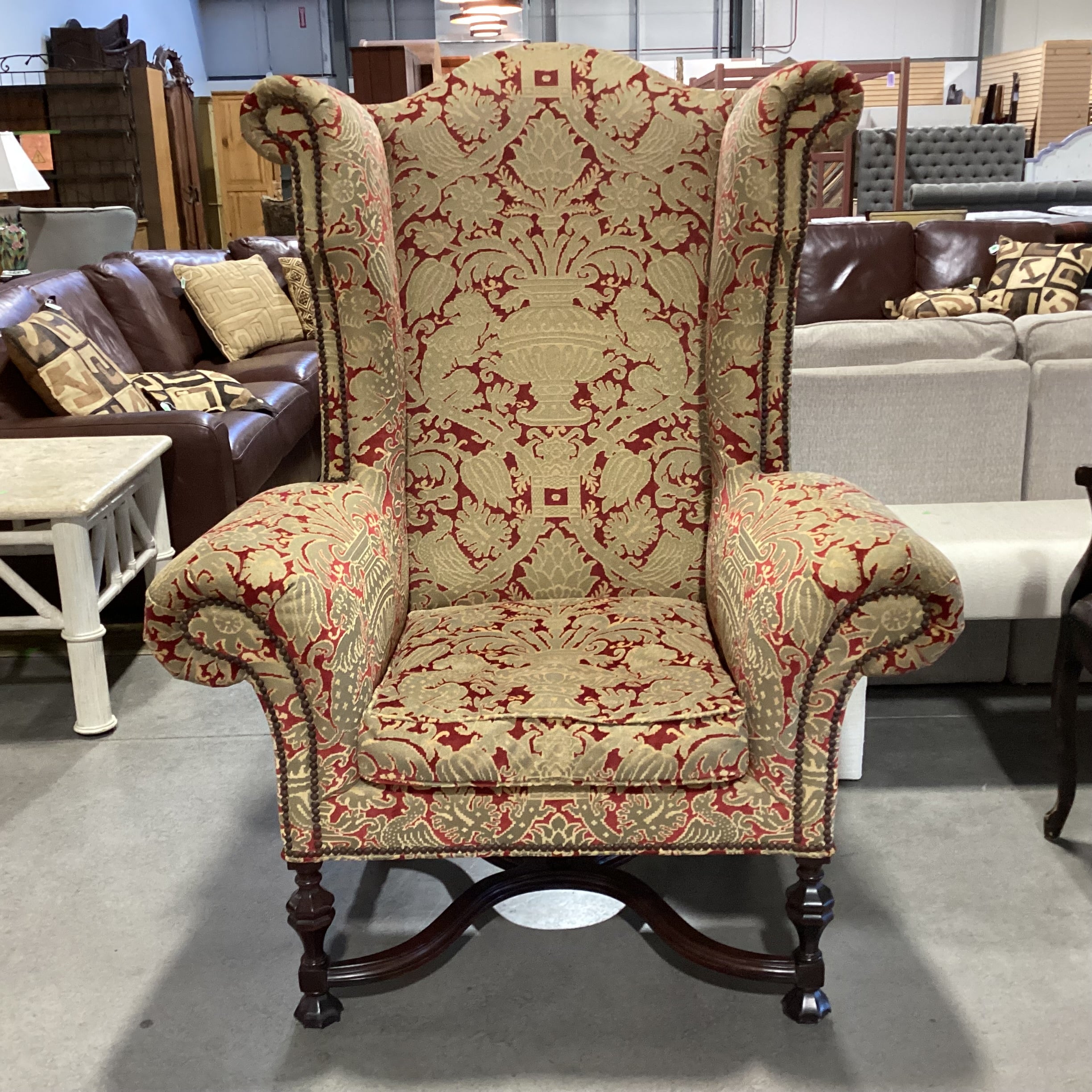 Lee Jofa Gold & Red Raised Design Nailhead Roll Arm & Wing with Carved Wood Base Chair 44"x 36"x 56"