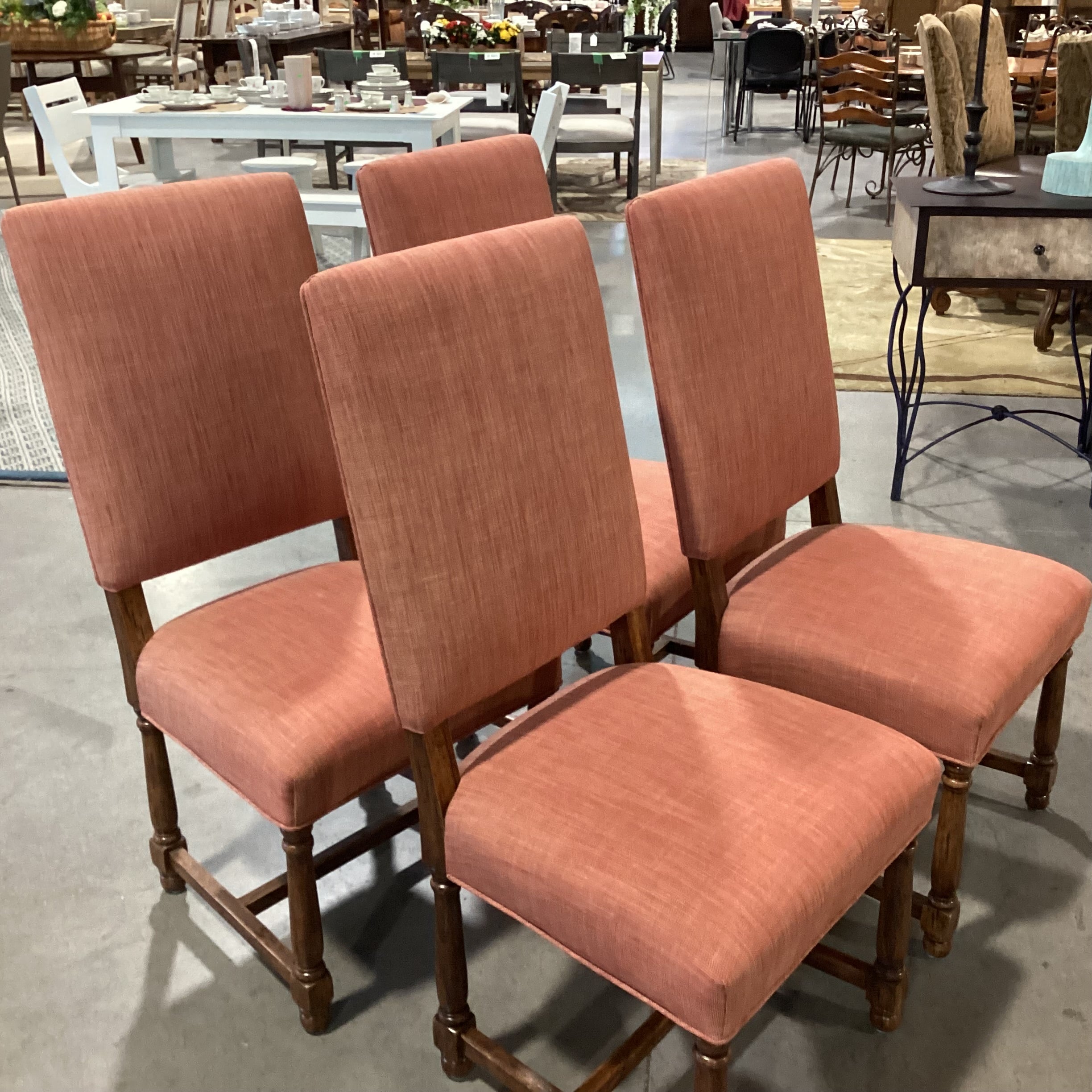 Set Of 4 Carved Wood Red Orange Woven Linen Dining Chairs 21"x 20"x 42.5"