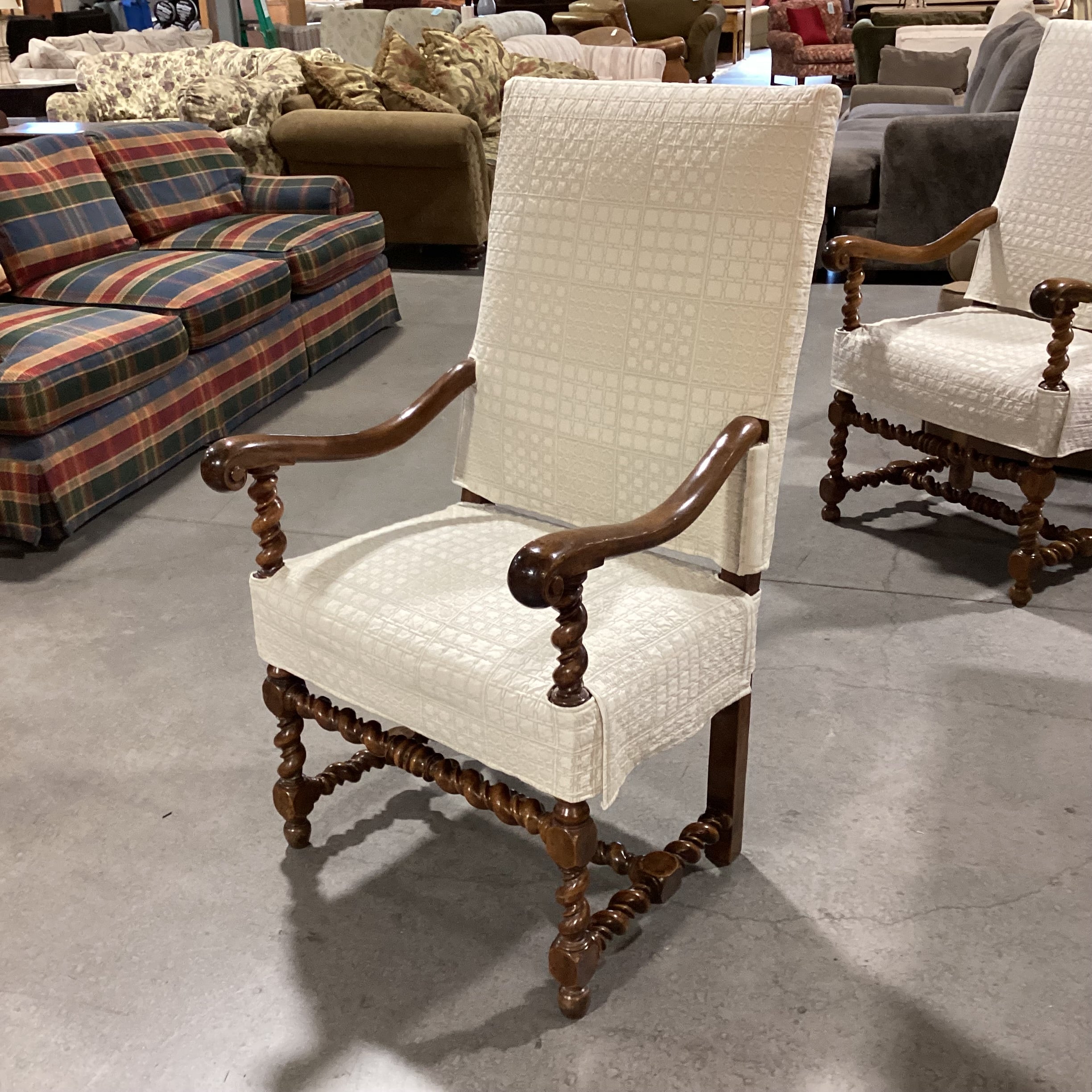 Ornate Carved Wood with Ivory Quilted Slipcover Leather Underneath Chair 26"x 26"x 46"