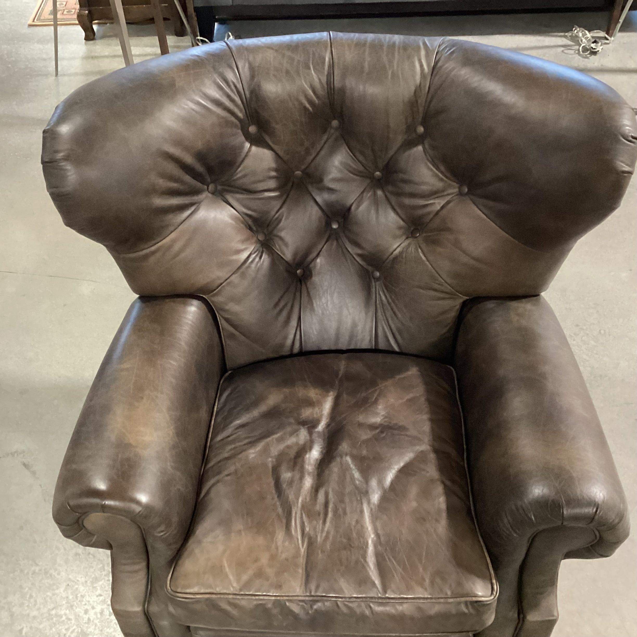 Restoration Hardware Taupe Brown Leather Tufted Nailhead Recliner Chair 42"x 36"x 36"