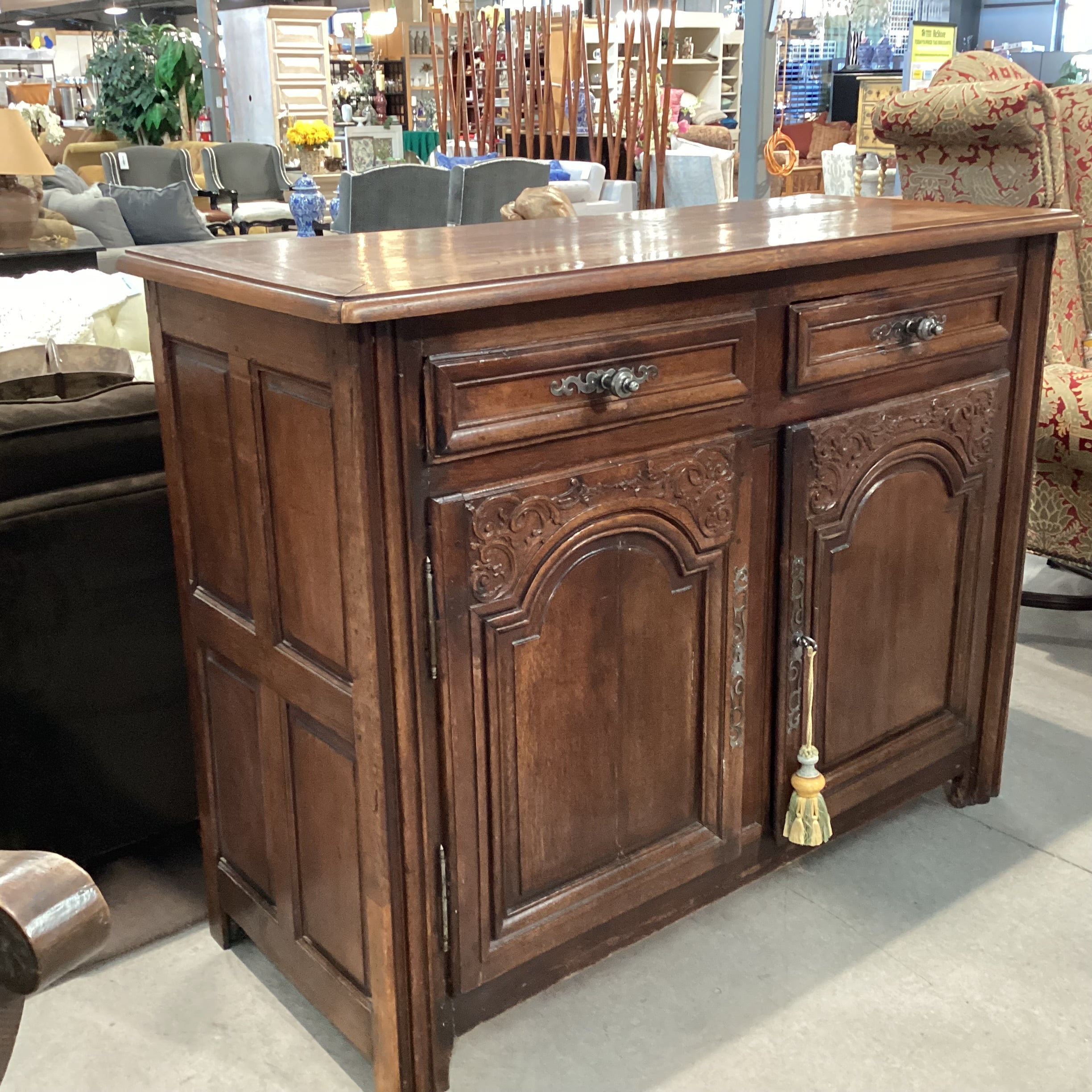 Antique Carved Wood 2 Drawer 2 Door with Shelves Sideboard 58.5"x 24"x 45"