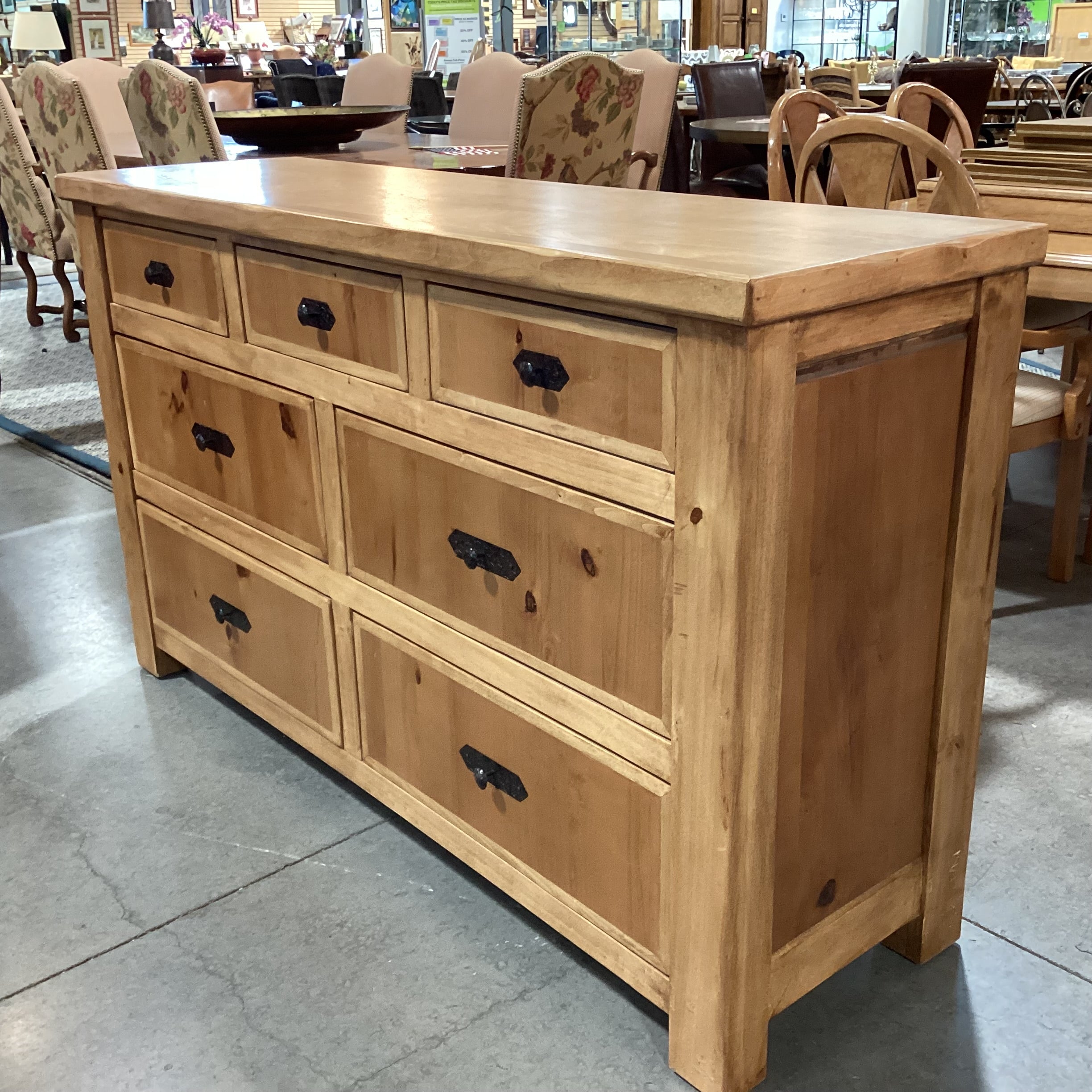 2 Tone Light Finish Solid Wood with Iron Accent 7 Drawer Dresser 64"x 19"x 38"