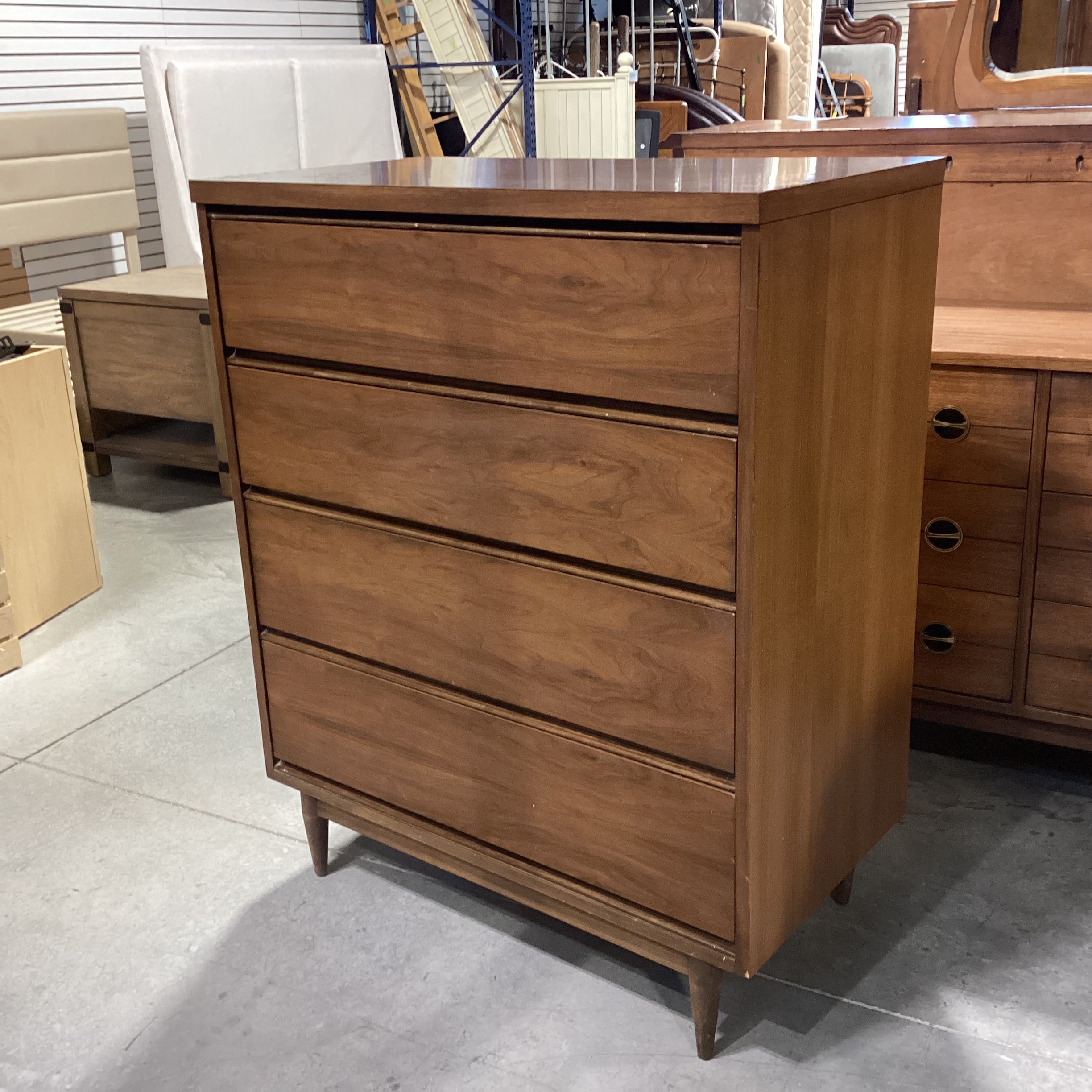 Mid Century Walnut & Veneer 4 Drawer Chest 34"x 18"x 42"