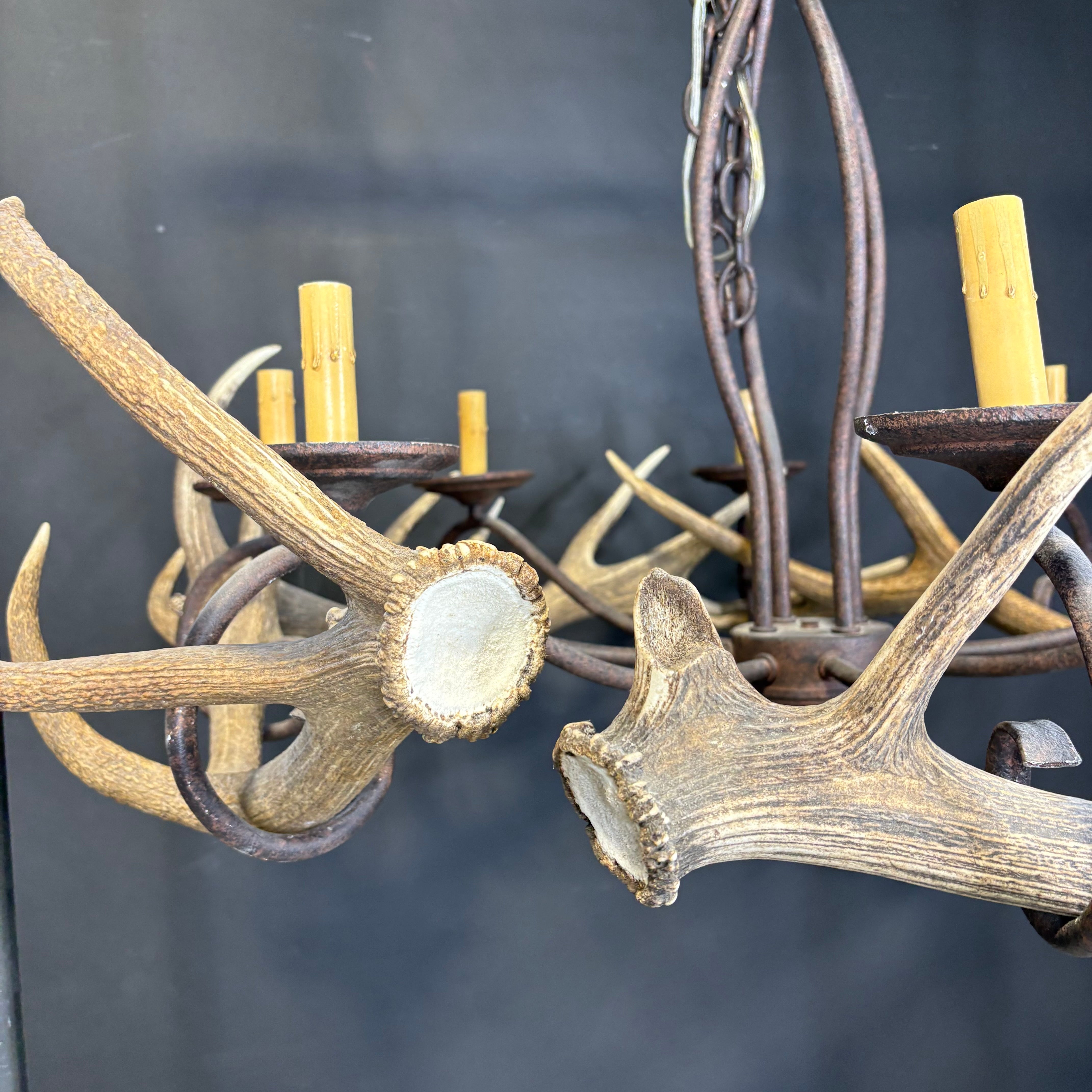 Rustic 8-Light Textured Bronze Metal with Antlers Chandelier 45” Diameter x 52”