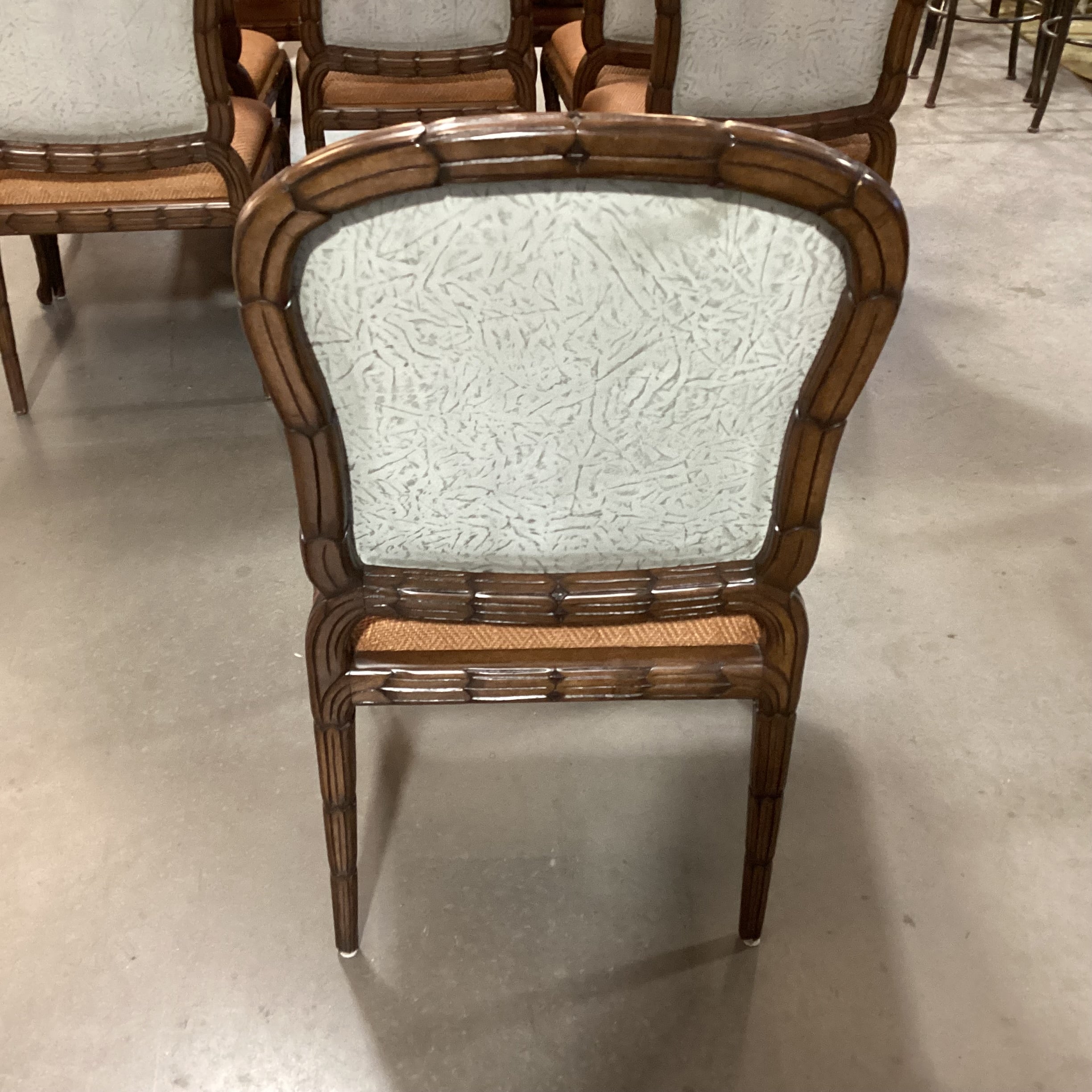 SET of 8 Ornate Carved Wood with Leather  Woven Seat & Suede Back Dining Chairs 24"x 22"x 40"