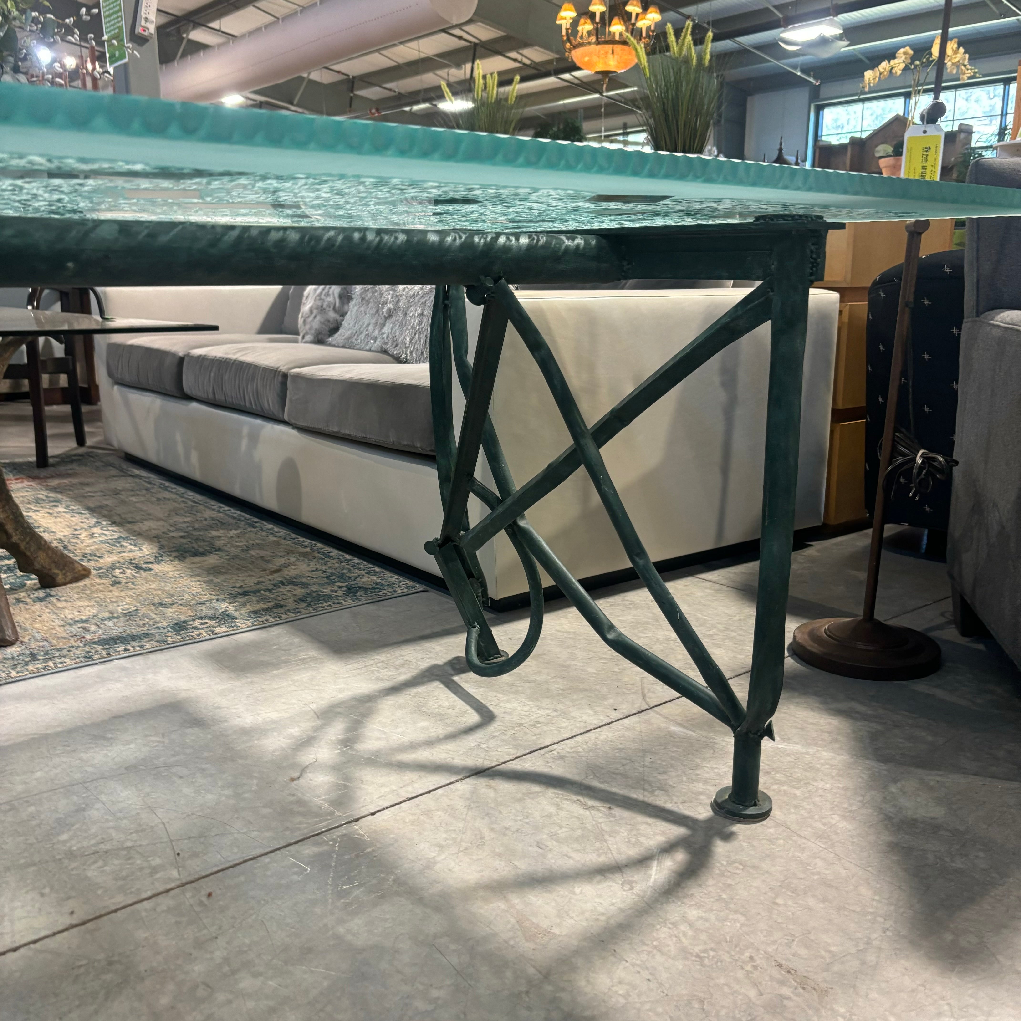 Marco De Gueltzl Patina Ornate Steel Base with Frosted Engraved Top Desk  60"x 40"x  30.5"