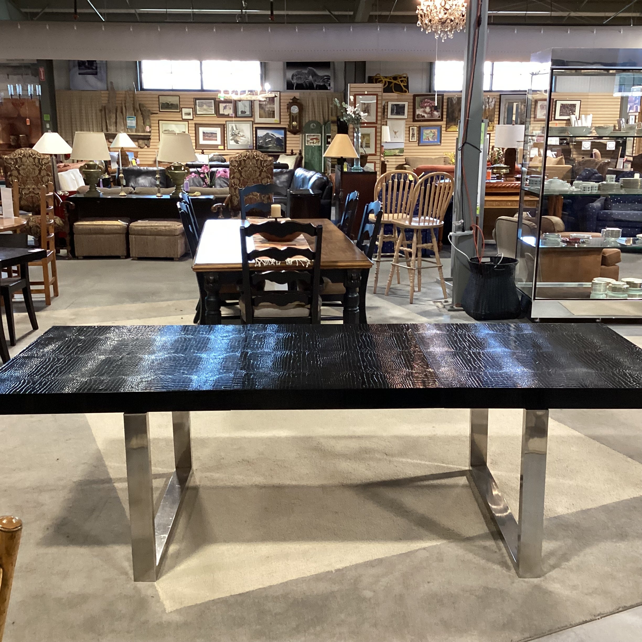 A & X Casa Luxury Collection Skyline Modern Black Krocodile Lacquer & Chrome 1 Leaf Dining Table 71" to 100.5"x 37"x 29"