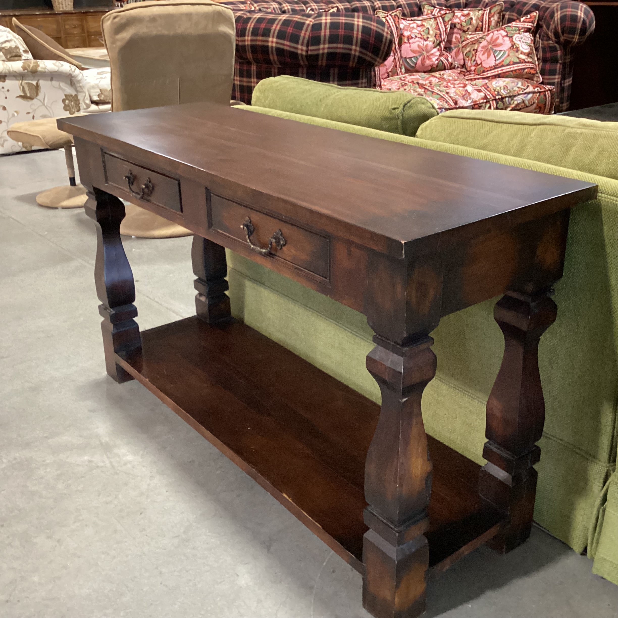 Solid Dark Finish Wood Carved Legs 2 Drawer & Bottom Shelf Console Sofa Table 52"x 18"x 30"