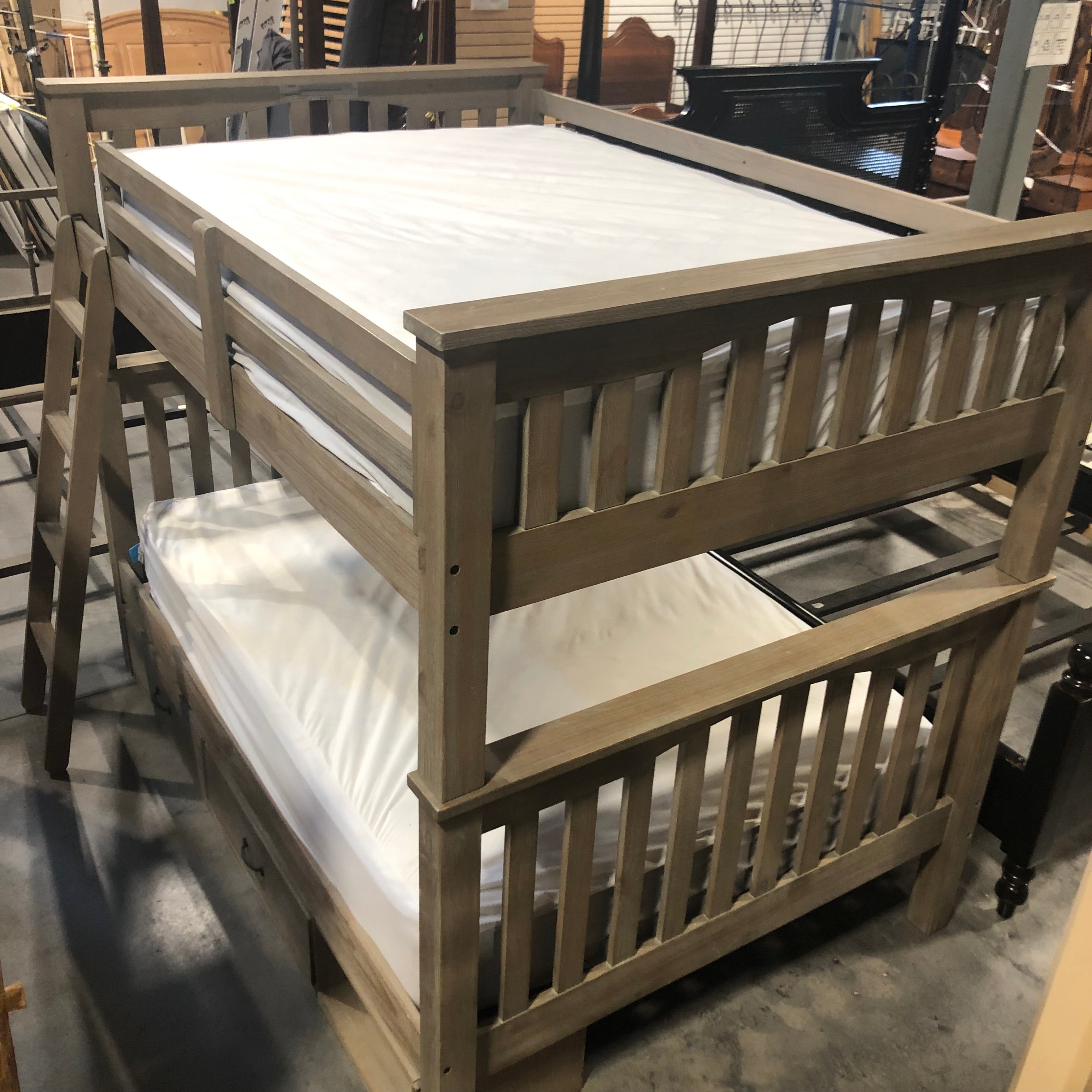 Full Over Full Solid Wood Grey Bunk Bed With Mattresses 83"x 52"x 73.5"