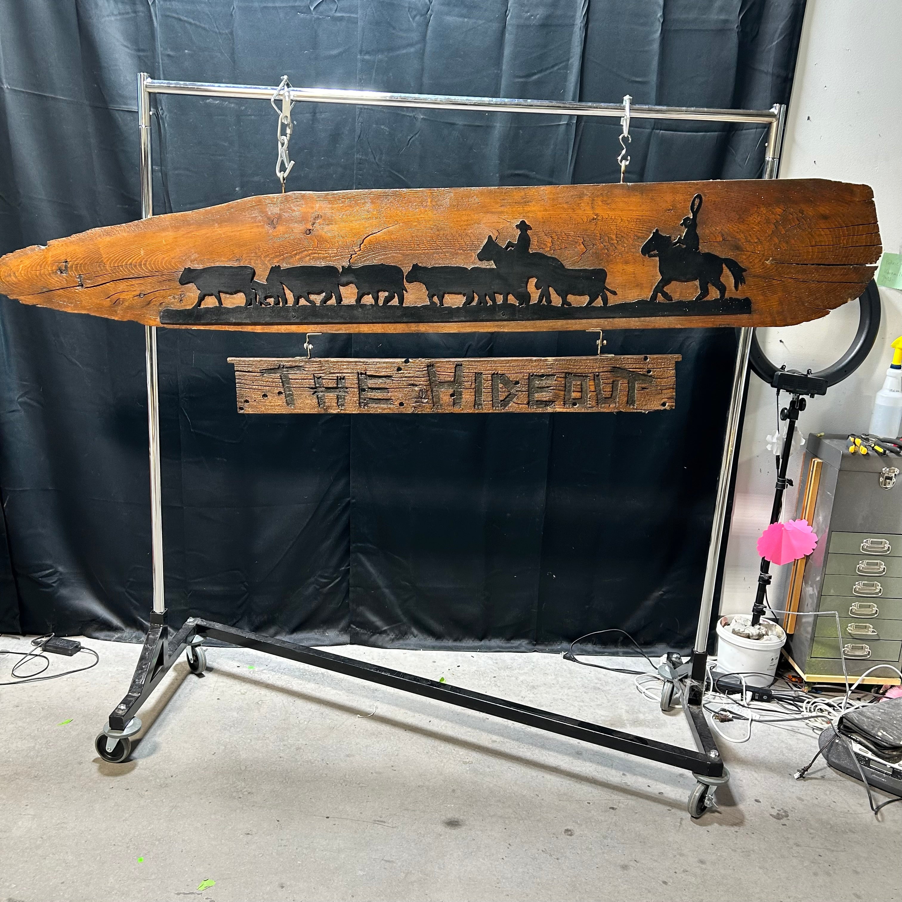 Large Western Decor Sign "THE HIDEOUT" With Iron Cattle Drive Silhouette 89"x 23"