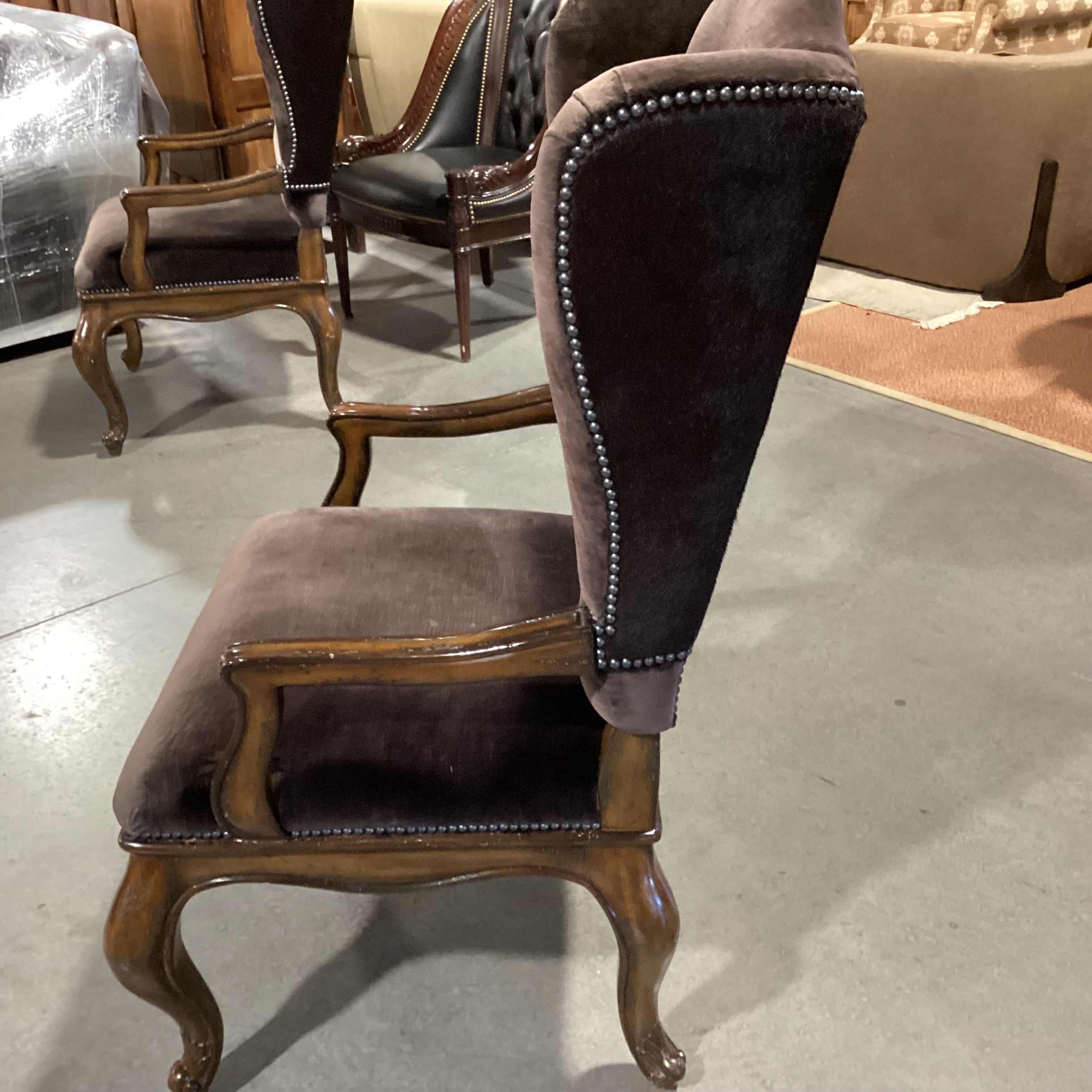 Ornate Carved Wood Dark Brown Velvet Nailhead & Cowhide Back Wing Chair 29"x 28"x 49"