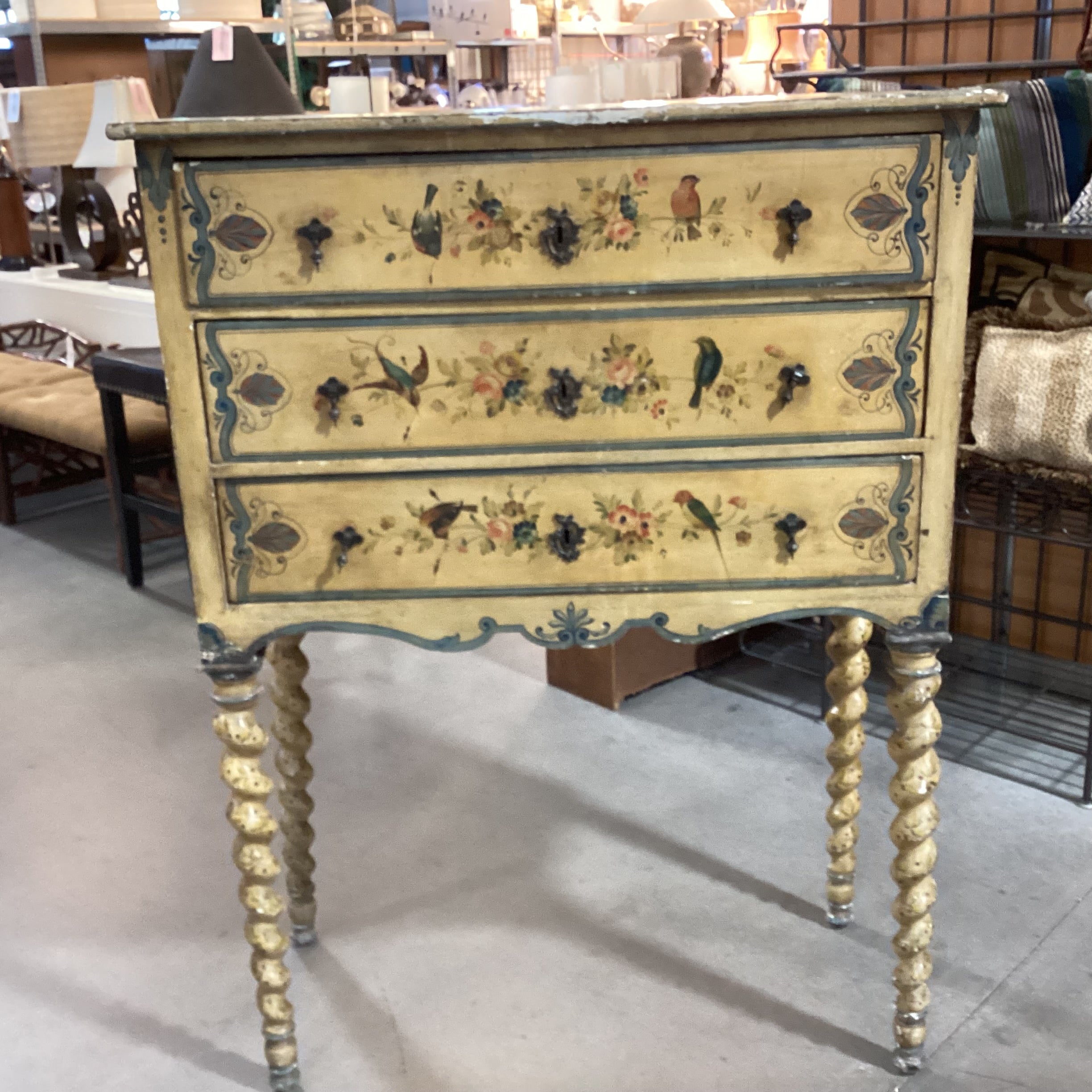 Antique Spindle Leg Hand Painted Bird & Floral 3 Drawer Chest 42"x 19"x 55"