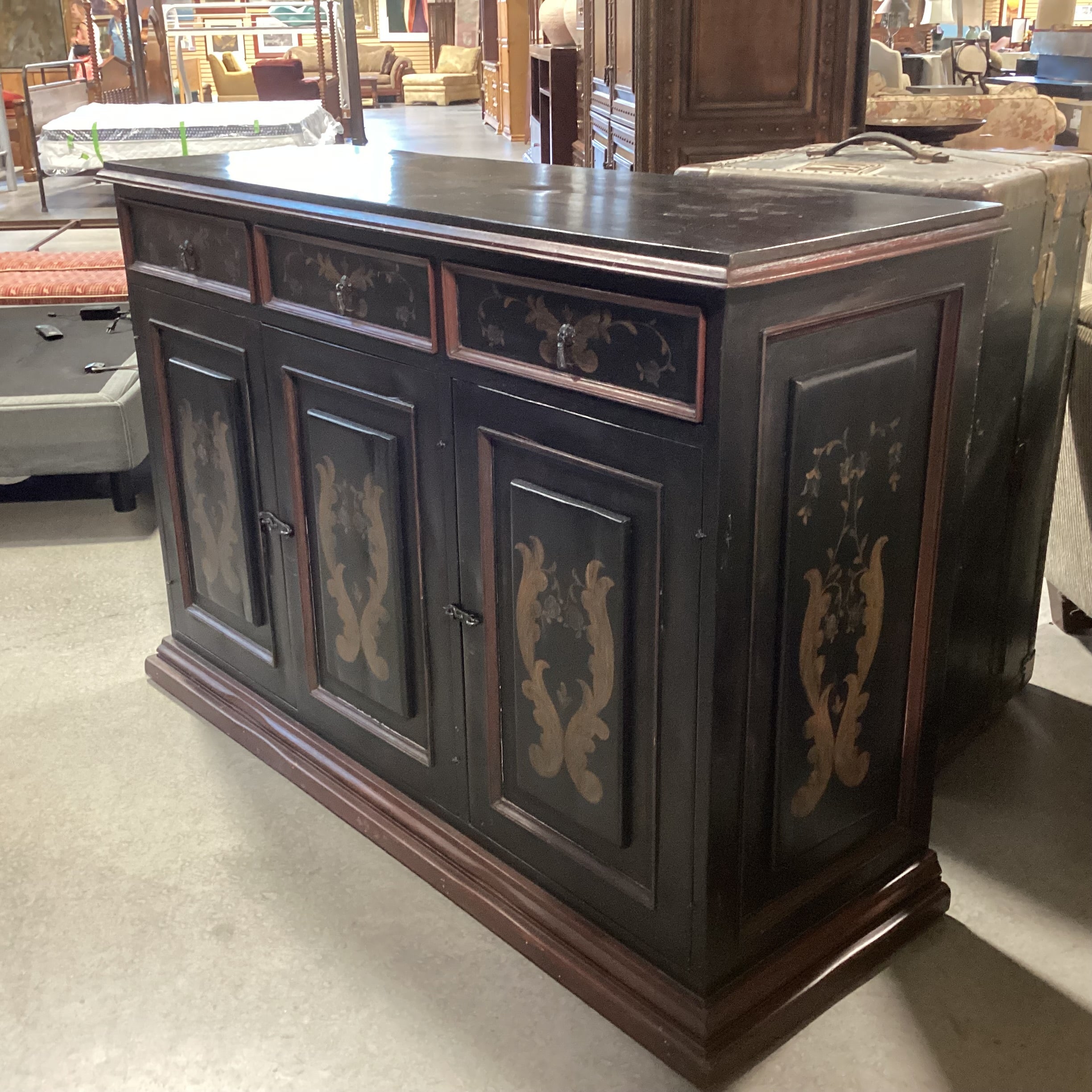 Black & Red Antiqued with Gold Ornate Painted Detail 3 Drawer 3 Door with Shelves Sideboard 60"x 21"x 41"