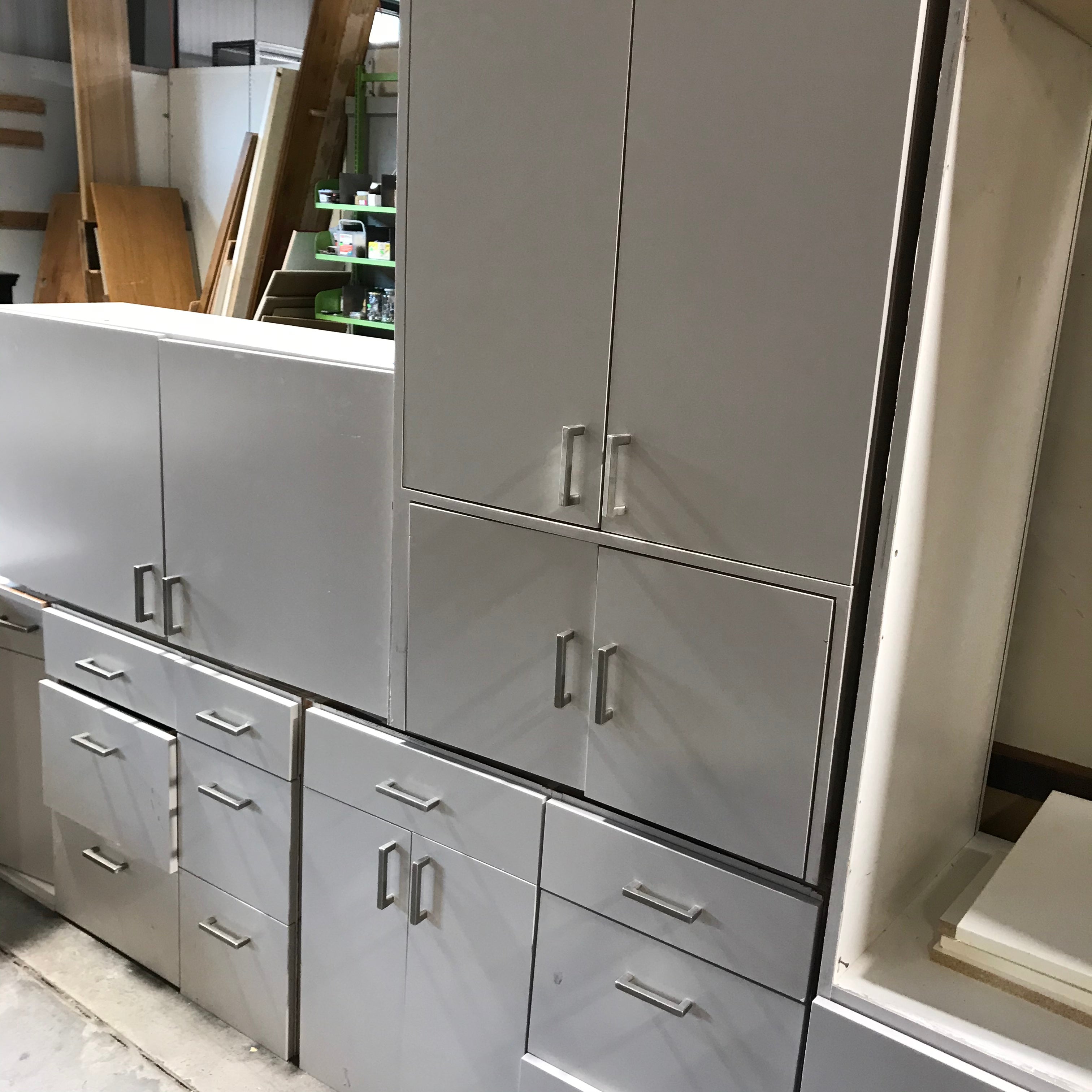 11 Piece Custom Gray Laminate with Contempory Brushed Nichol Hardware Kitchen Cabinet Set