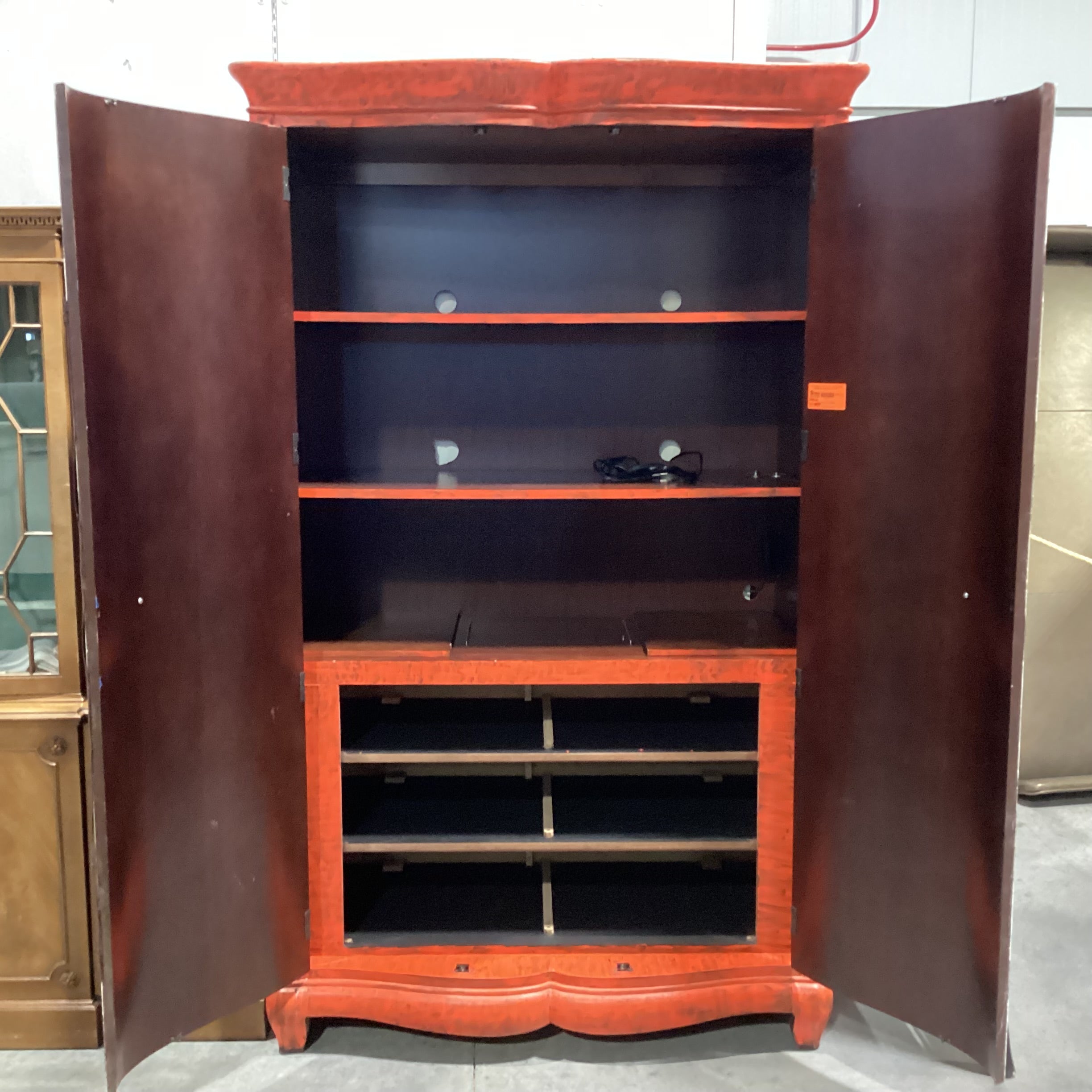 Solid Red Painted Wood with Faux Cowhide 2 Door with Shelves Armoire 50"x 24"x 83"