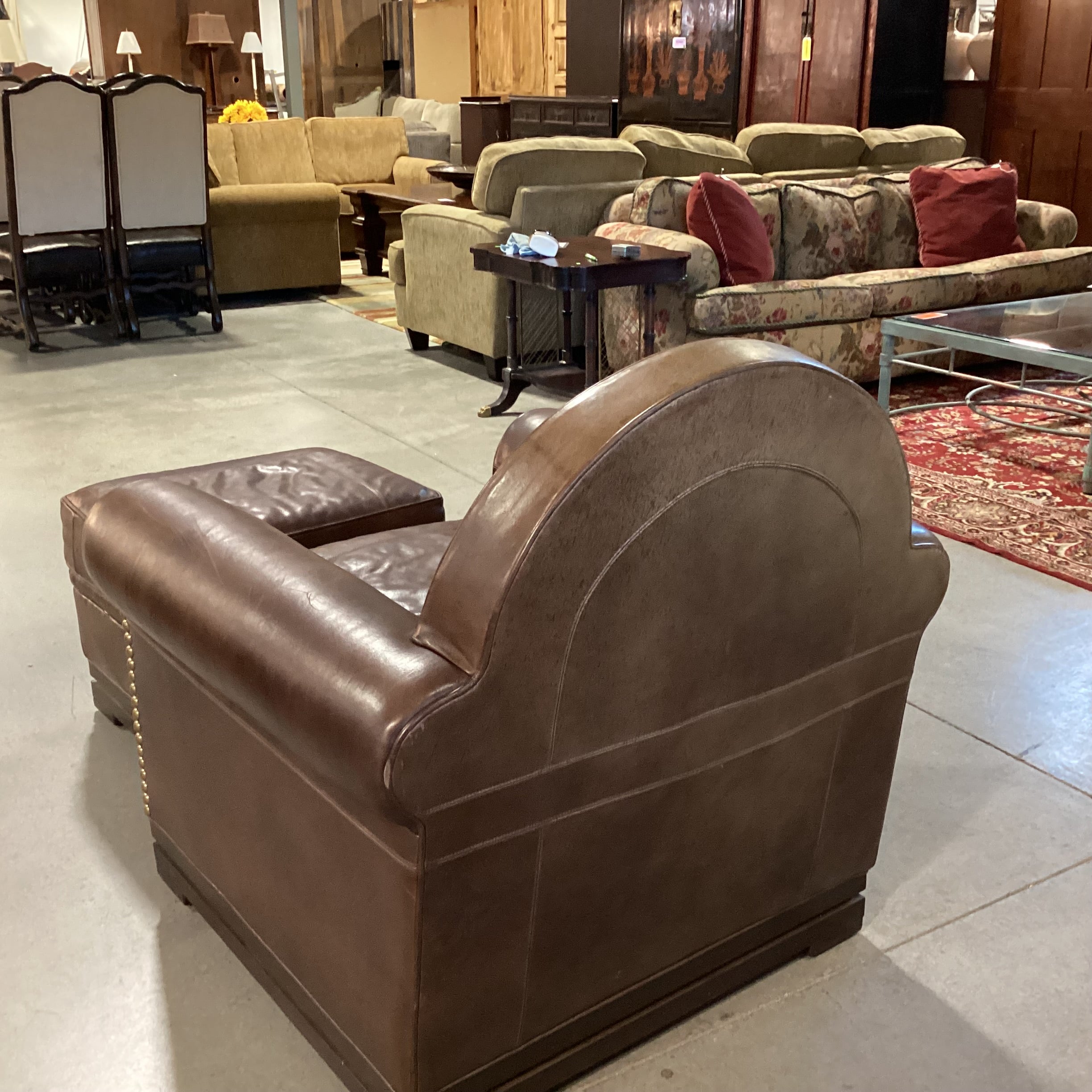 Mulholland Brothers Home Collection by Eric Brand Art Deco Style Leather Nailhead with Ottoman Club Chair 36"x 35"x 37.5"