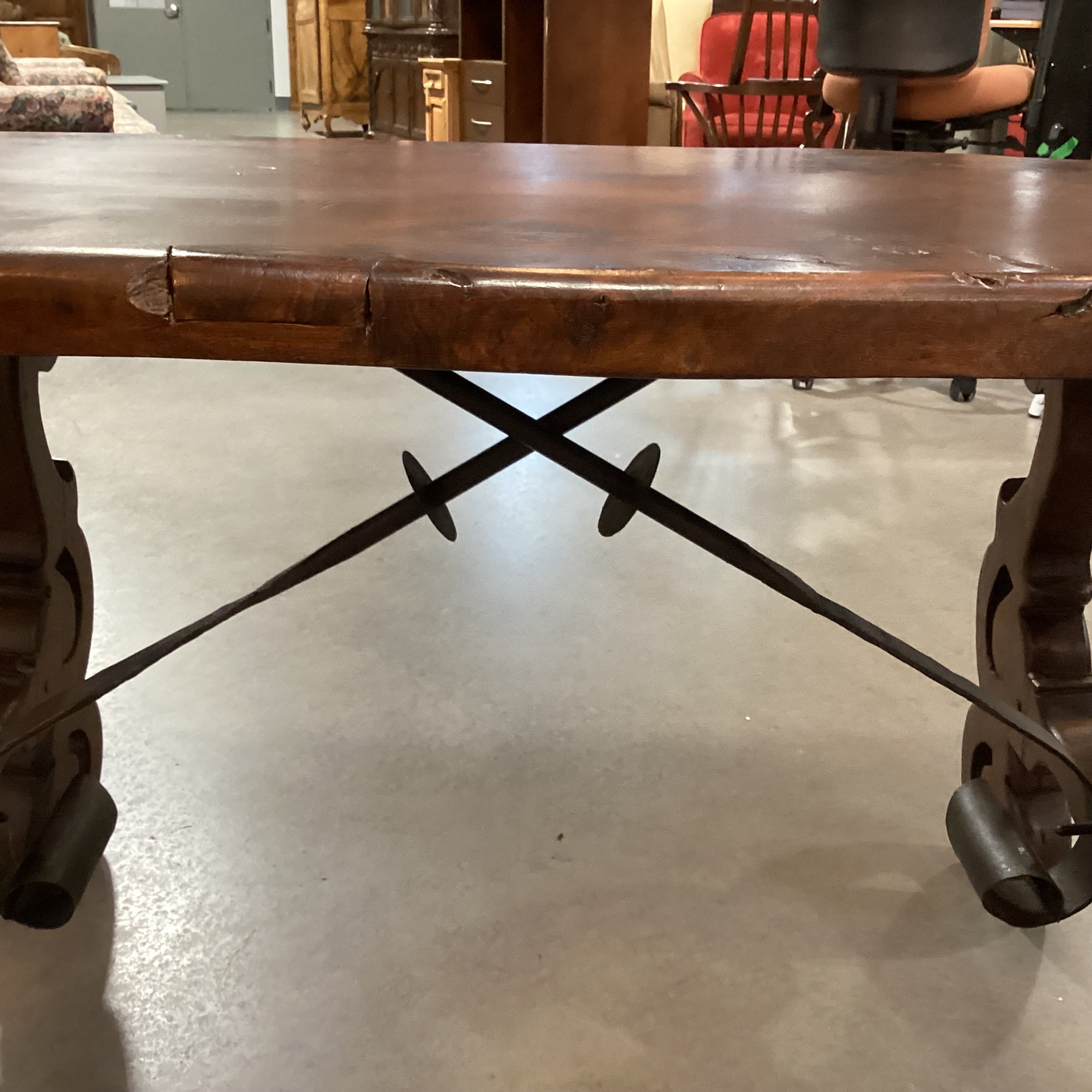 Vintage Antique Solid Wood Carved Side Legs & Iron Stetchers Trestle Accent Table 55"x 31"x 29"
