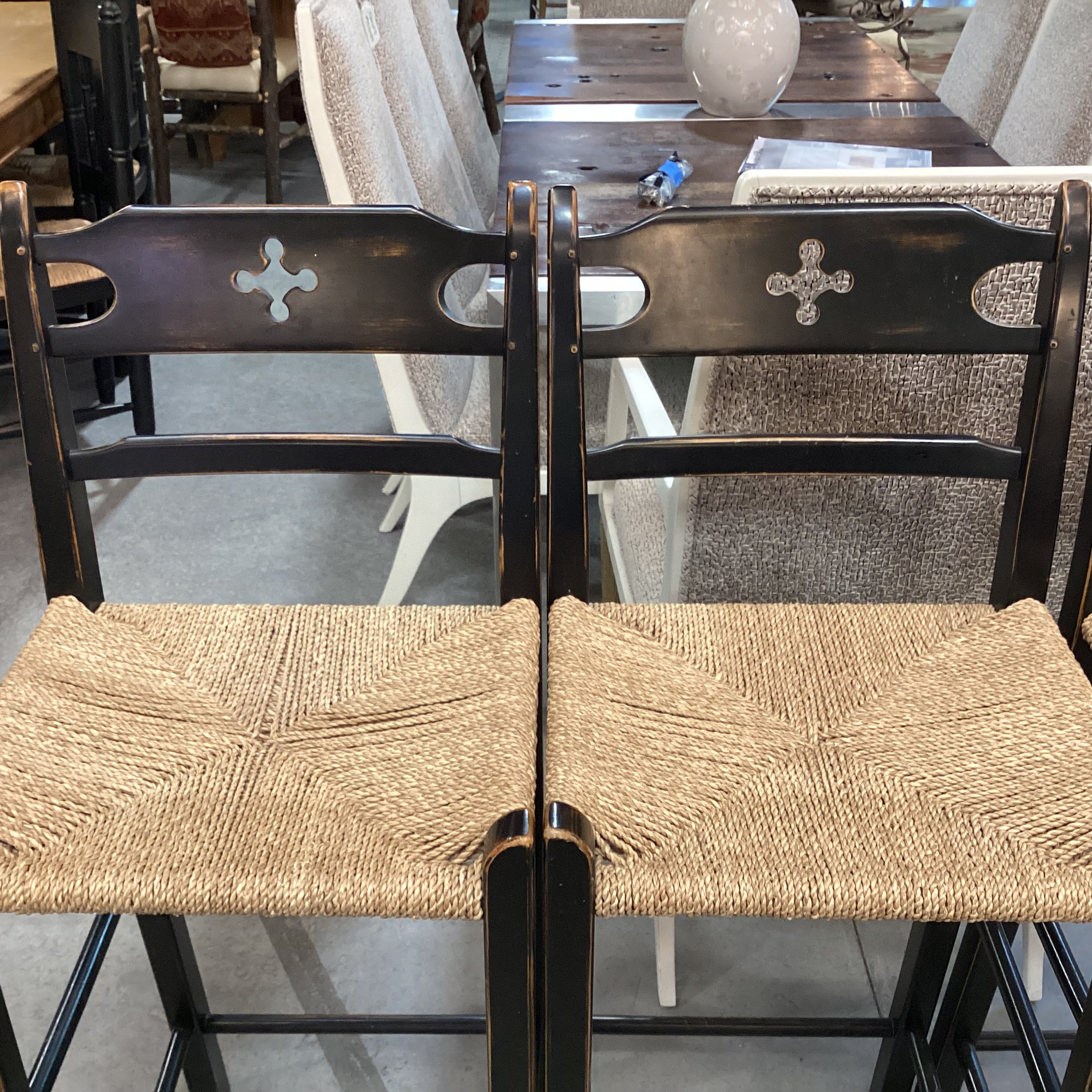 SET of 4 Wolf Diamond Point in Black Hand Sanded Maple Woven Seagrass Seat Barstools 30"