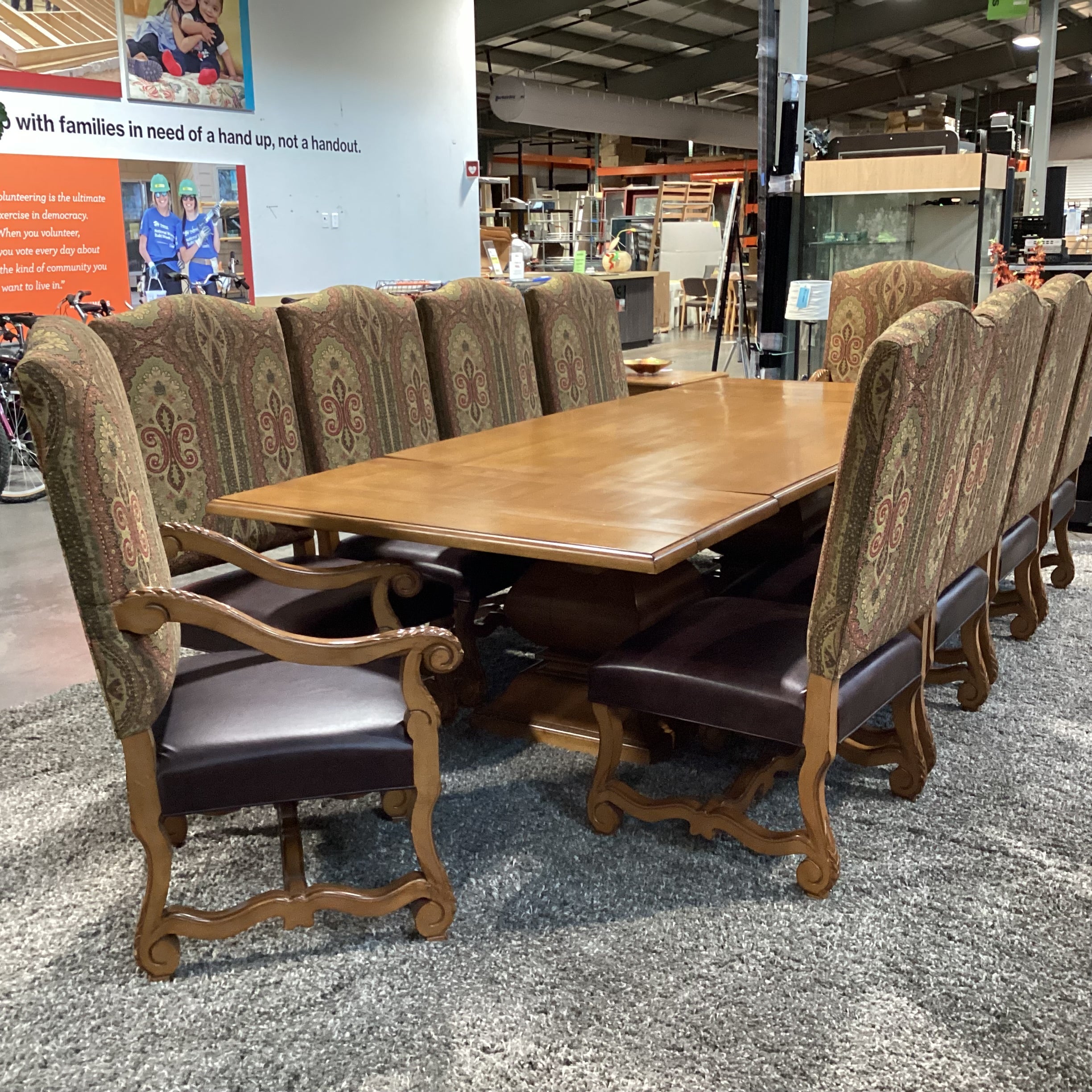 Custom Solid Wood 2 End Extend Leaves Double Pedestal Table with 10 Chairs Dining Set 120"x 48"x 30.5"