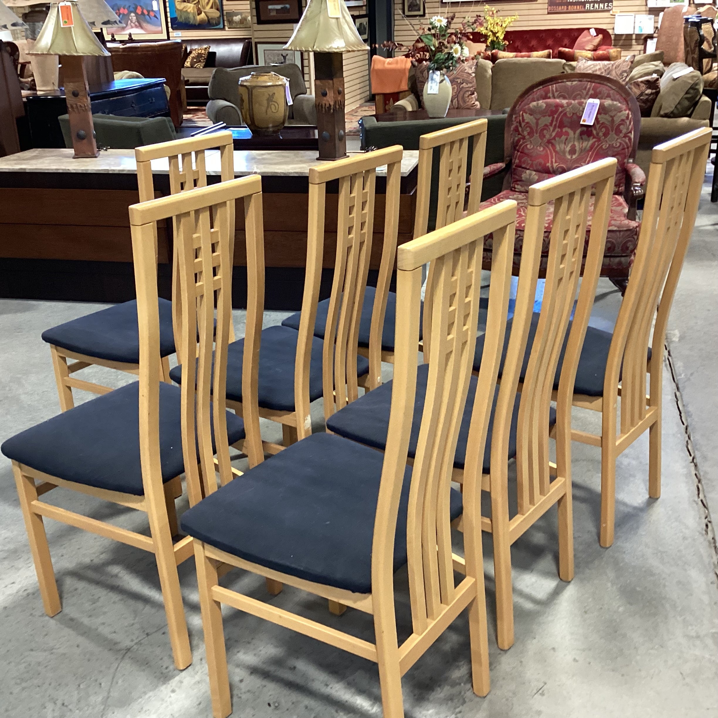 SET of 7 IMS SRL Italian Mid Century Style Teak with Black Seat Dining Chairs 18"x 20"x 42"