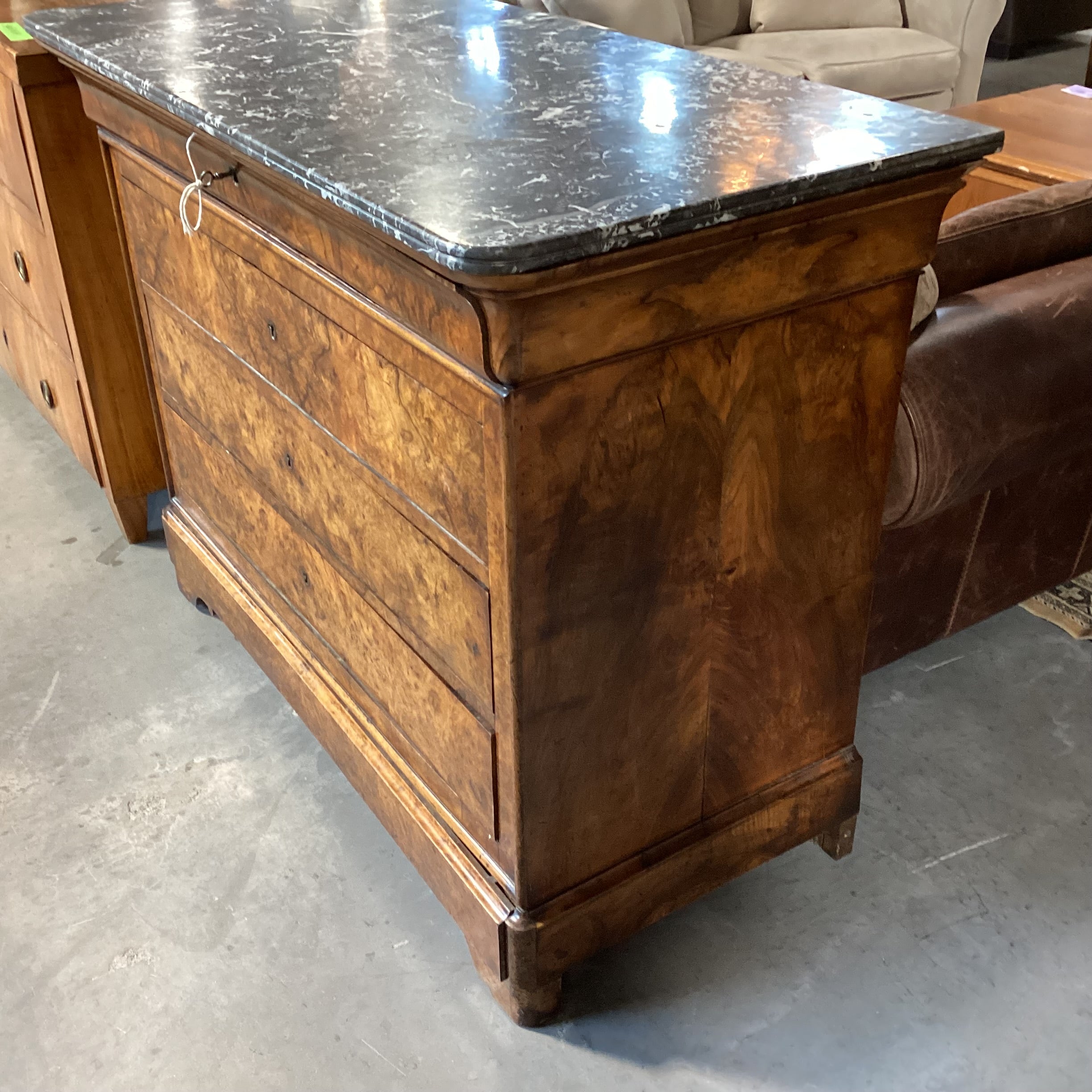 Antique Mediterranean Olive Burl 4 Drawer with Marble Top Desk 52"x 24.5"x 39"
