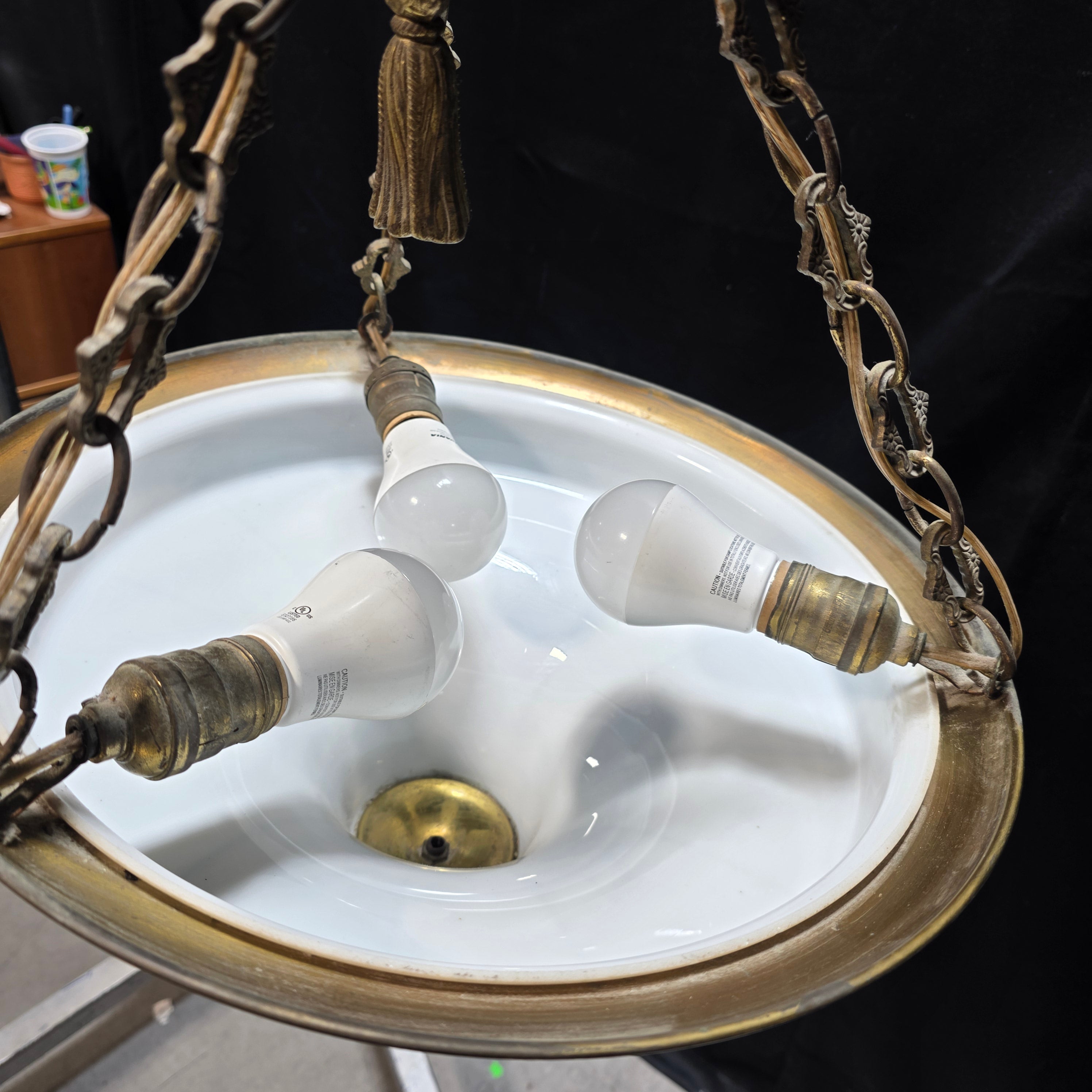 Circa 1940's Floral Chendelier with Brass TAssle Droppings from Middle and Ceiling Attachment 16"Dx26"