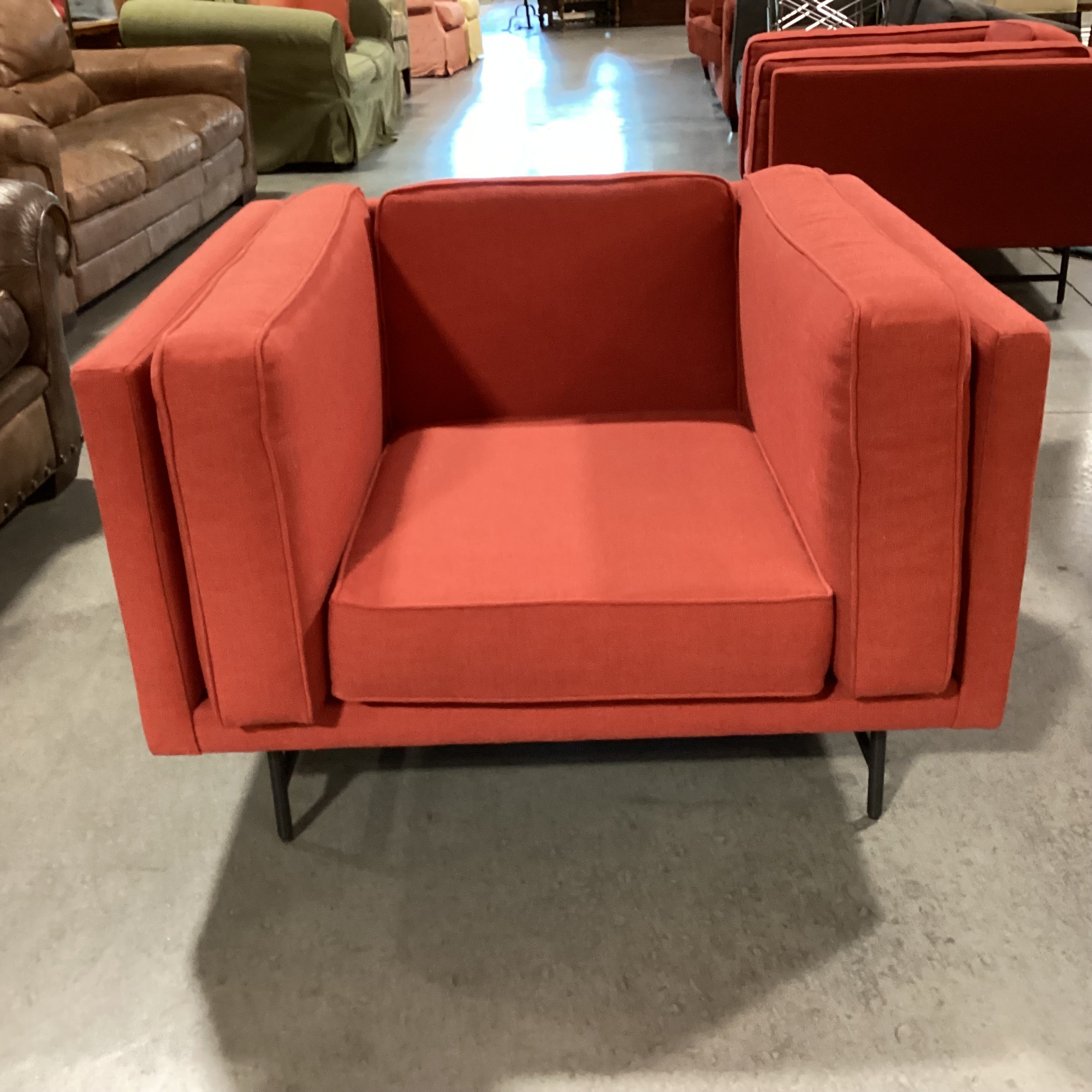 Blu Dot Red Linen Modern Bank Lounge Chair 39"x 36"x 25.5"