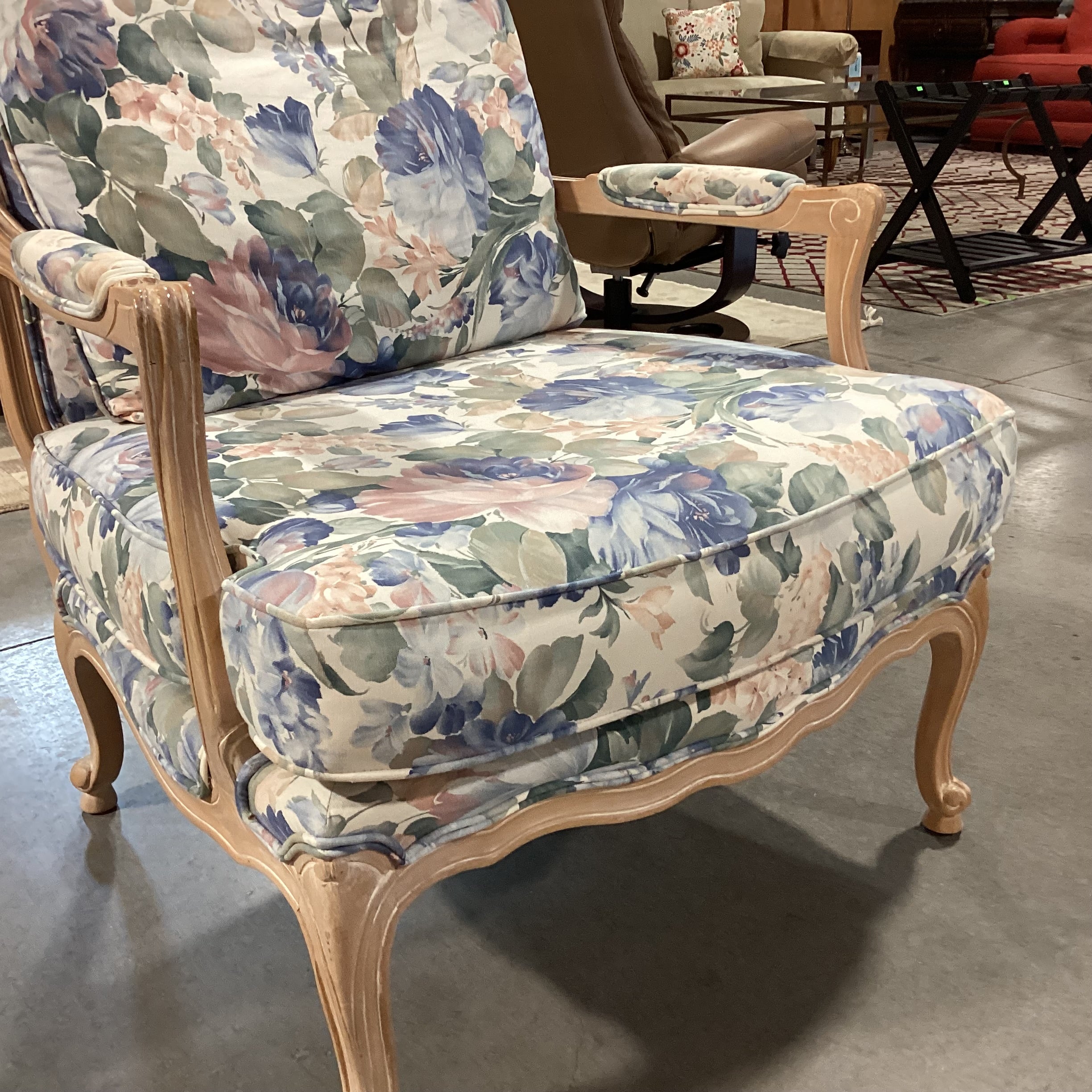White Washed Carved Wood & Blue Floral Chair 30"x 32'x 35"