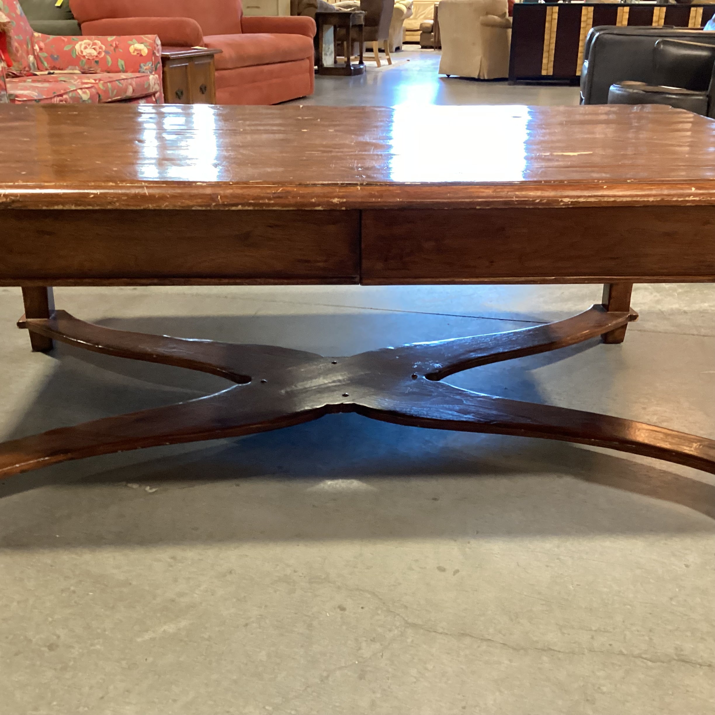 Distressed Finish Ornate Carved Edge & Trestle 2 Drawer Coffee Table 60"x 38"x 22"